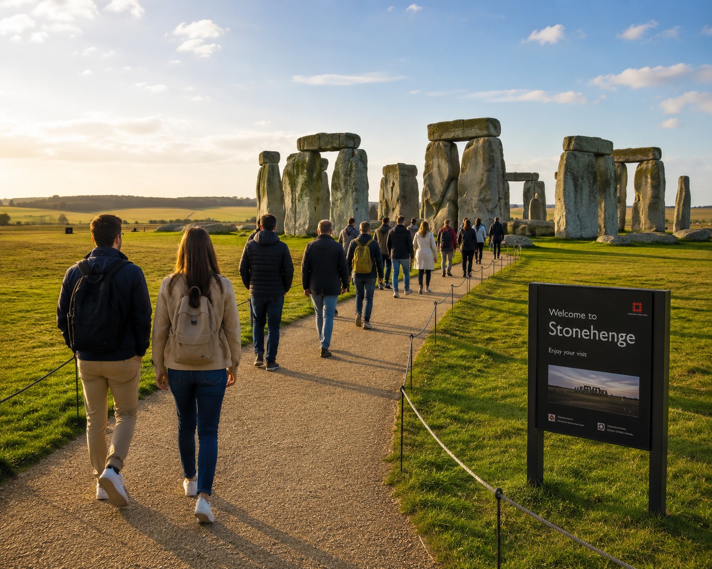 Visitors walking towards Stonehenge during a relaxed afternoon tour from London in warm golden sunlight