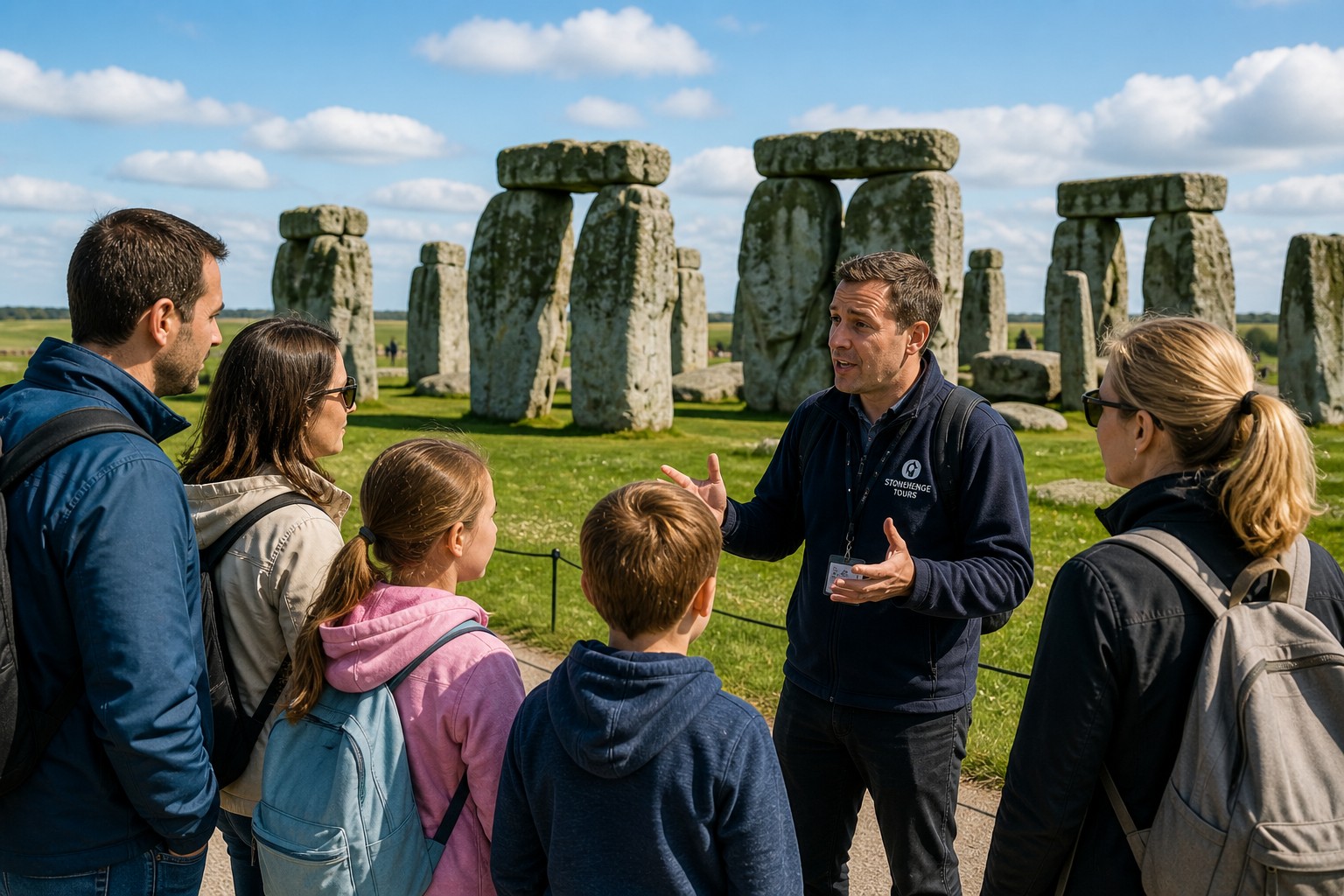 Small group Stonehenge tour with guide explaining the monument to families and visitors from London