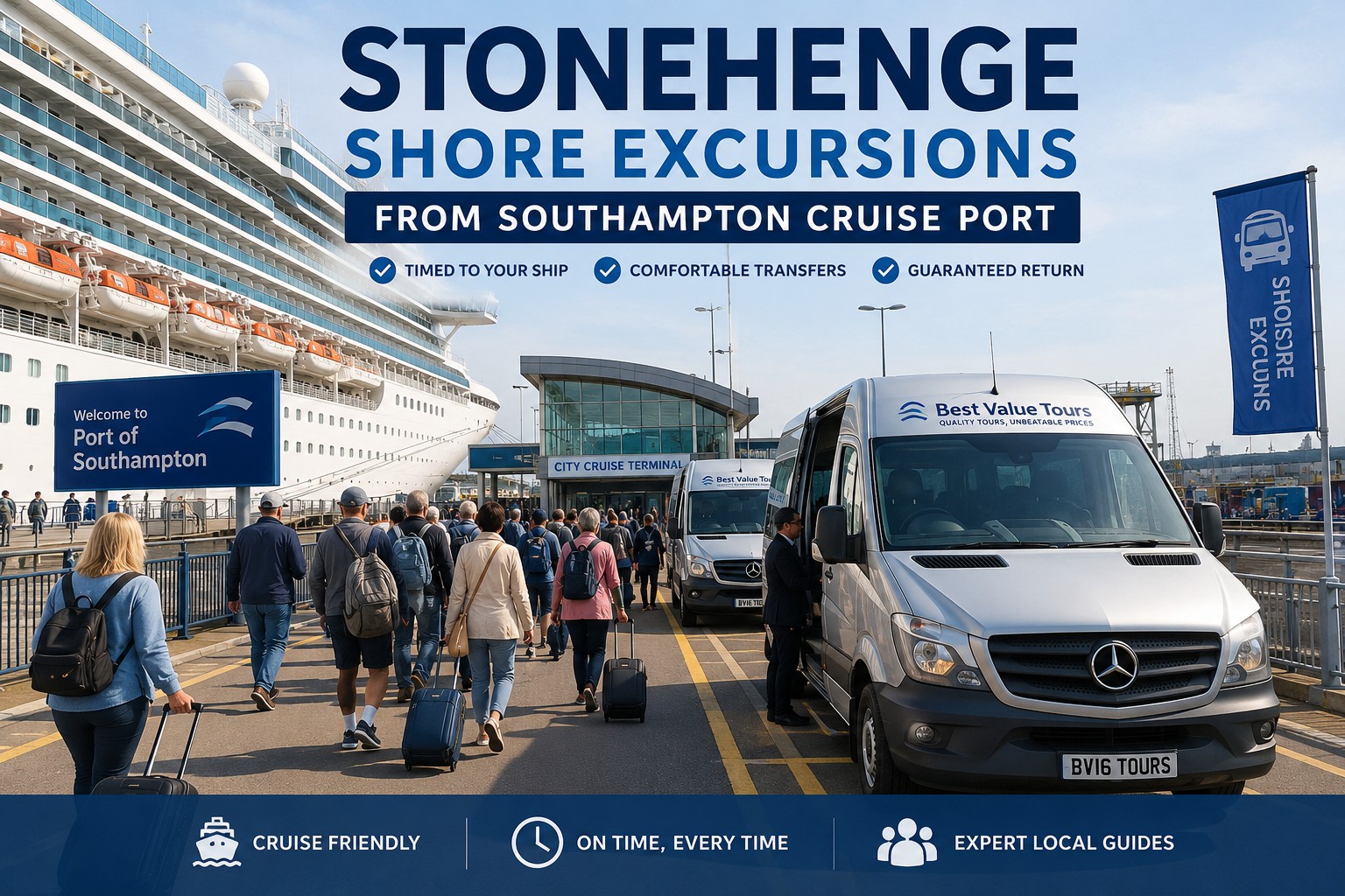 Southampton cruise port with passengers joining Stonehenge shore excursion tour vehicles near docked cruise ship