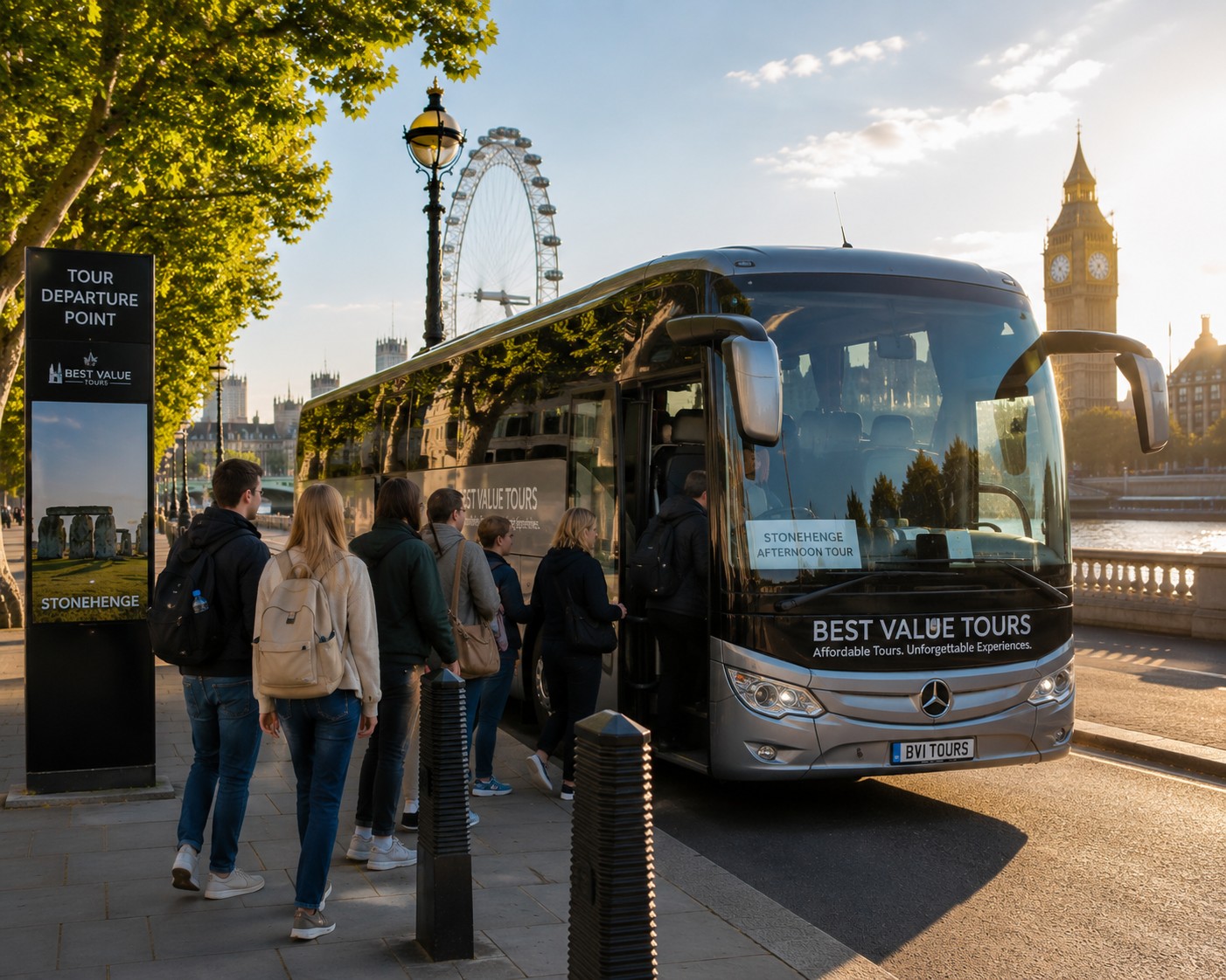Visitors boarding a comfortable Stonehenge afternoon tour coach in central London before departing for Stonehenge