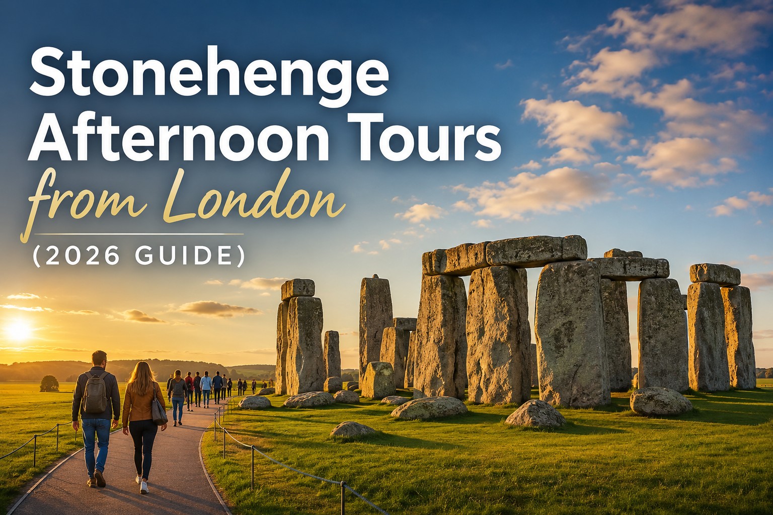 Stonehenge in warm afternoon sunlight with visitors walking around the ancient stones during a relaxed afternoon tour from London