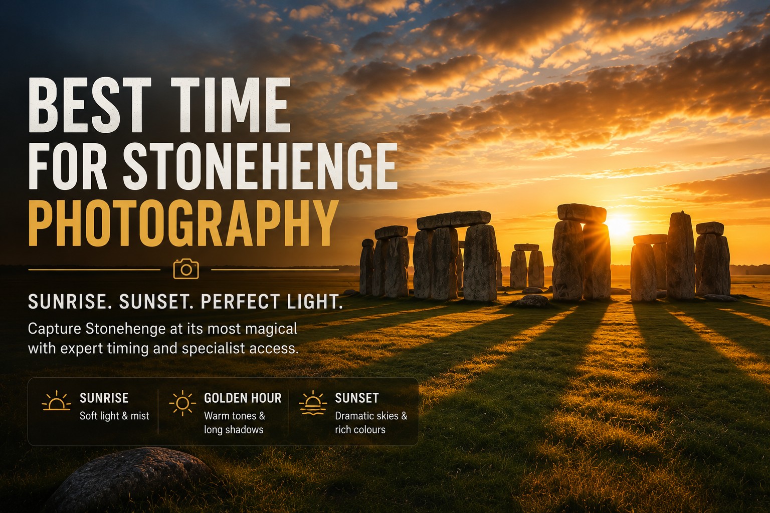 Stonehenge at golden hour with warm sunset light casting long shadows across the stones and landscape