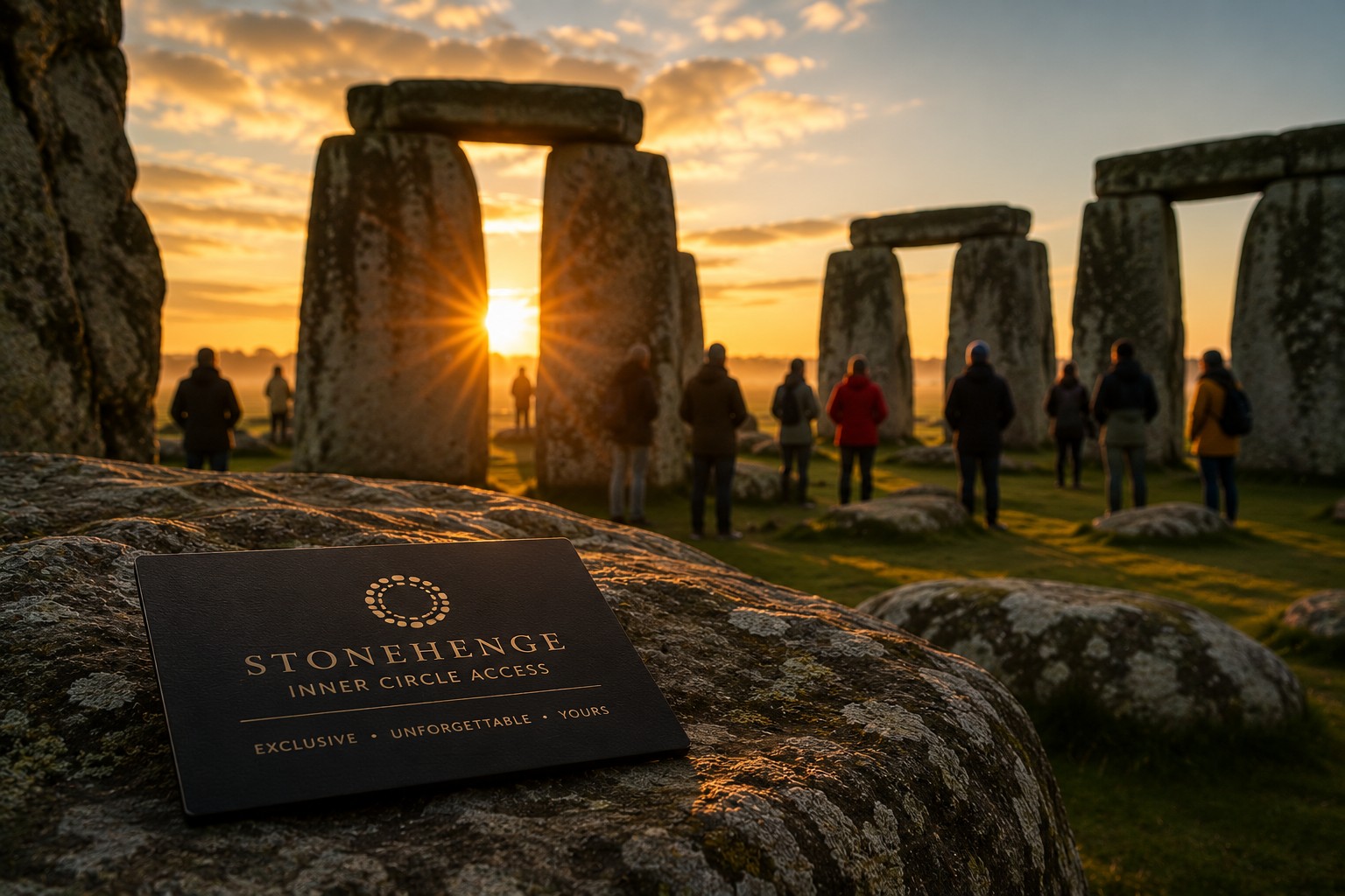 Stonehenge Inner Circle sunset experience with visitors inside the stones and exclusive access concept in warm golden light