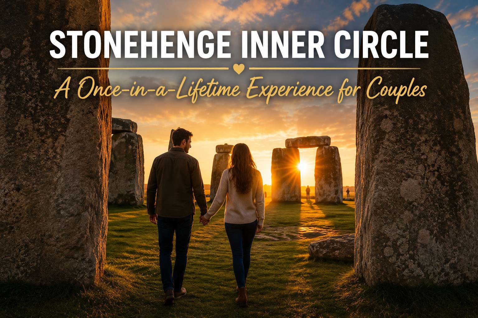 Couple walking hand in hand inside Stonehenge during an exclusive Inner Circle sunrise experience, surrounded by the ancient stones in golden morning light.