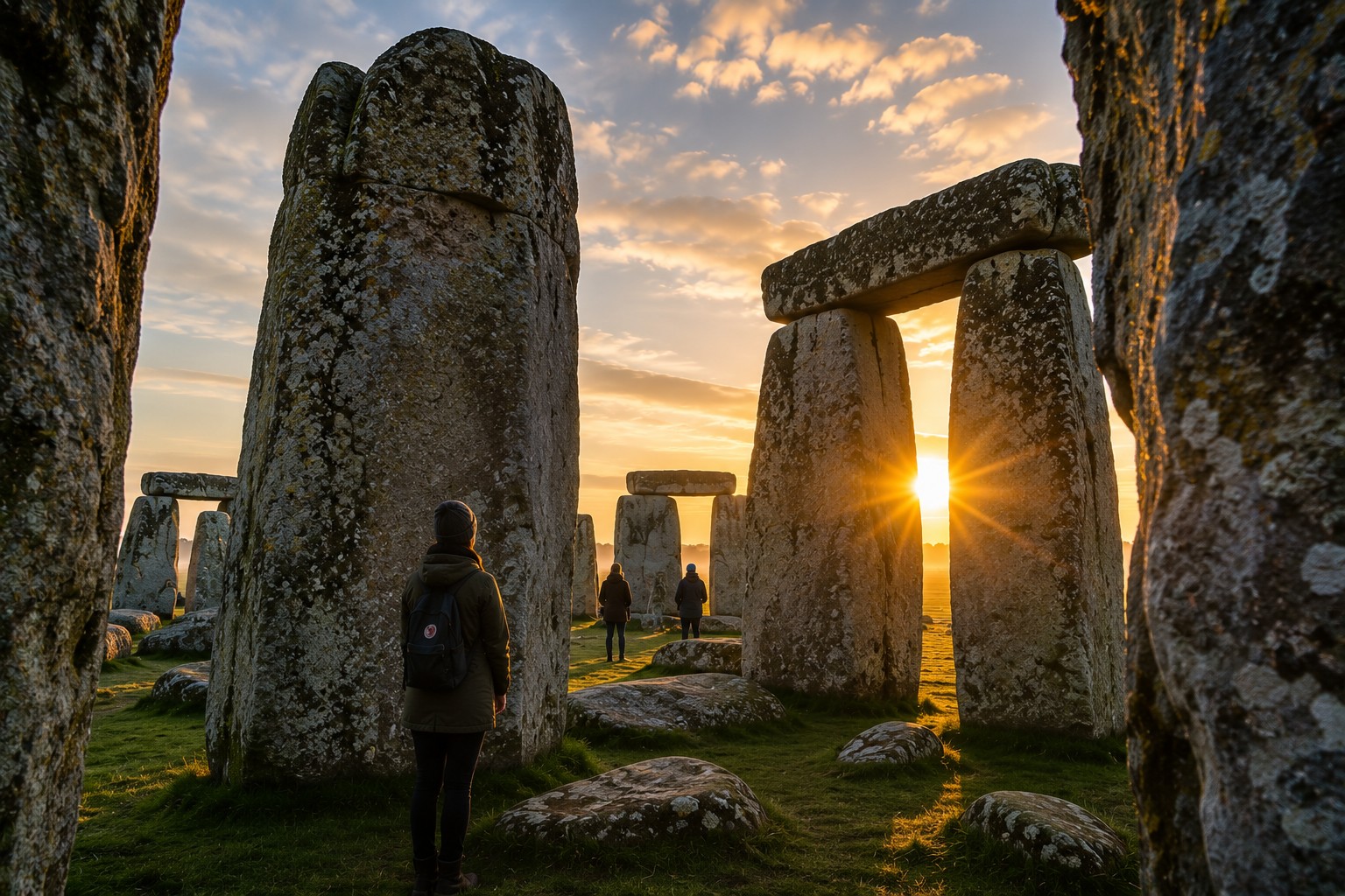 Stonehenge Inner Circle close-up view from inside the stone circle with golden sunlight shining through ancient stones and a small number of visitors
