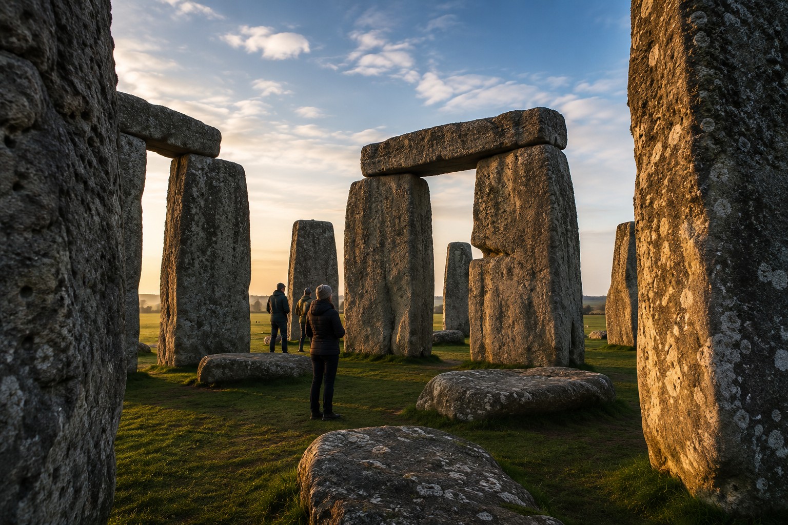 Visitors standing inside the Stonehenge Inner Circle during a special access sunrise tour beside the ancient standing stones