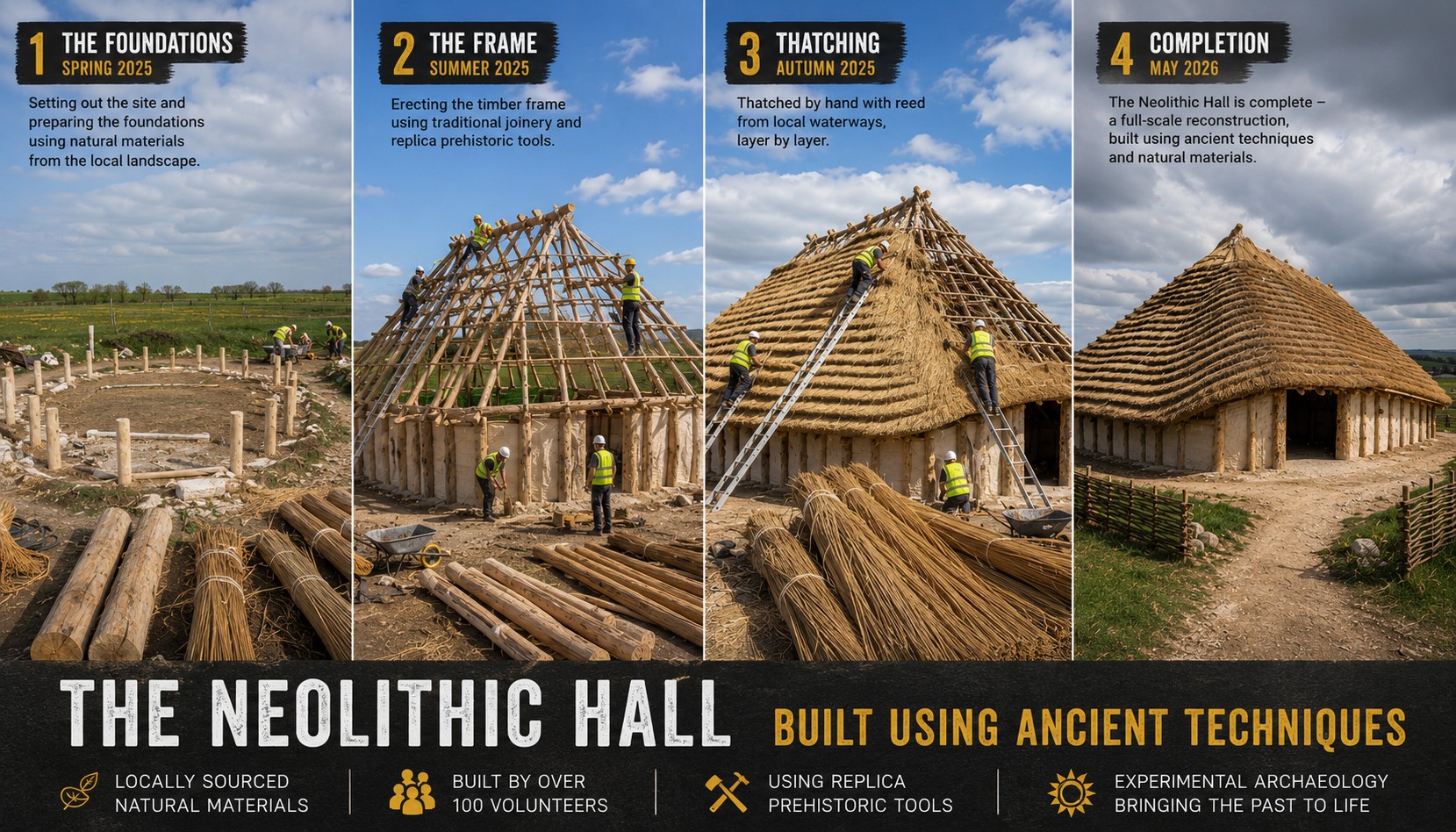 Stonehenge Neolithic Hall construction stages showing foundations timber frame thatching and completed building using traditional methods and natural materials 2025 to 2026
