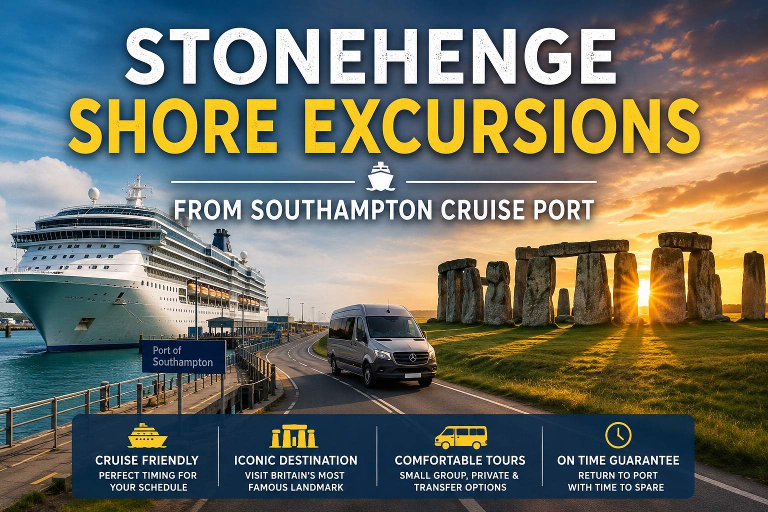 Stonehenge shore excursions from Southampton cruise port with cruise ship, transfer van and Stonehenge at sunset
