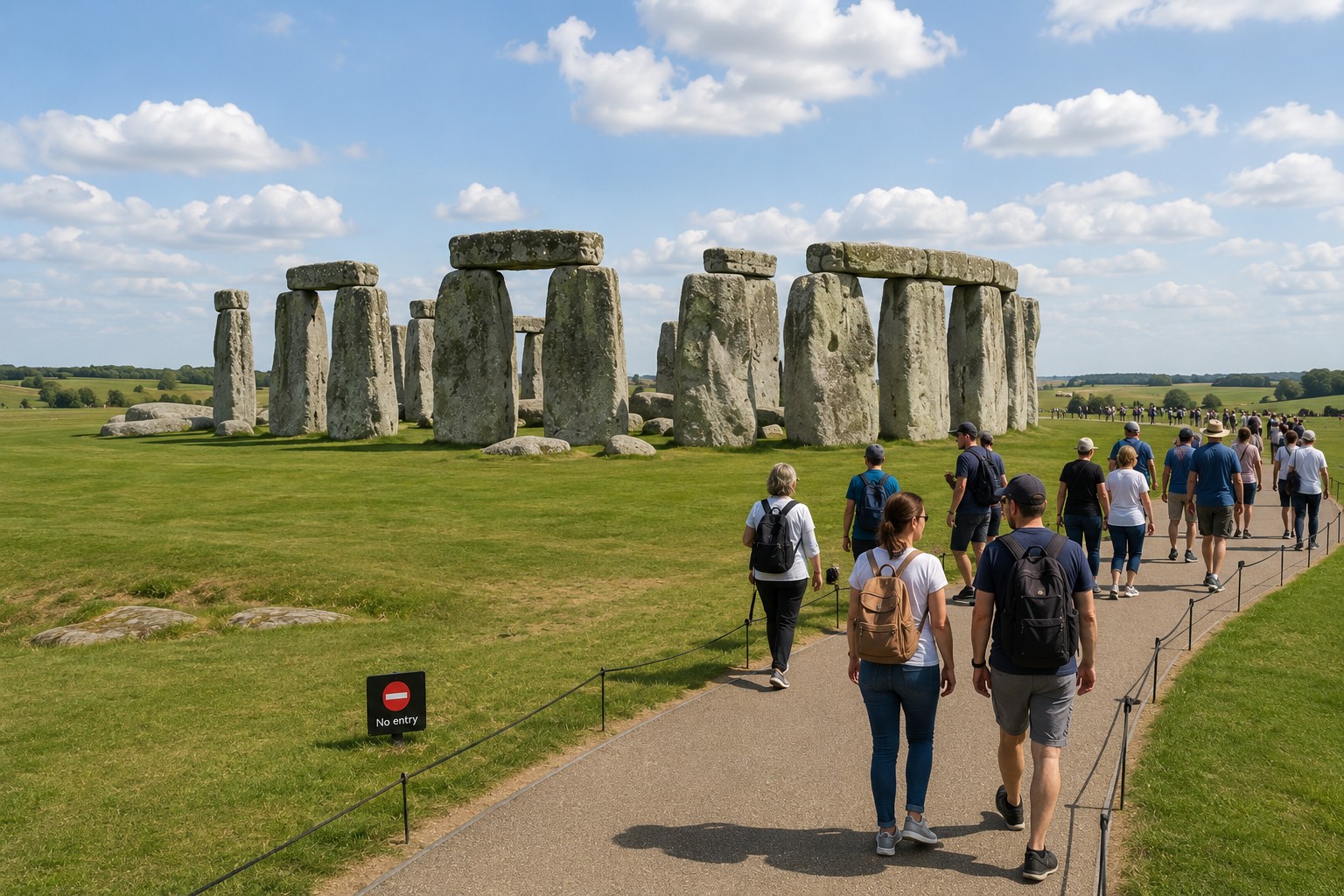 Stonehenge daytime visitor experience with controlled crowd and clear viewing area around the monument
