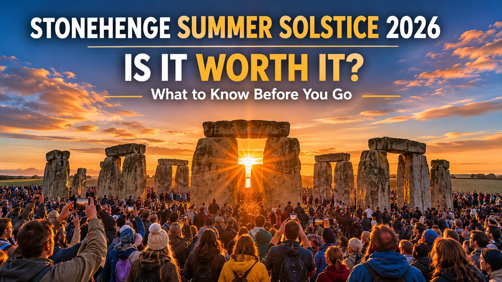Stonehenge Summer Solstice sunrise with large crowd gathered around the stones watching the sun rise in 2026