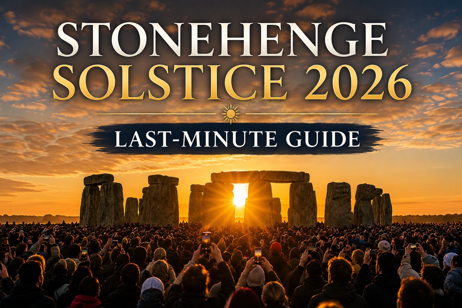 Stonehenge Summer Solstice sunrise 2026 with large crowd gathered around the stones