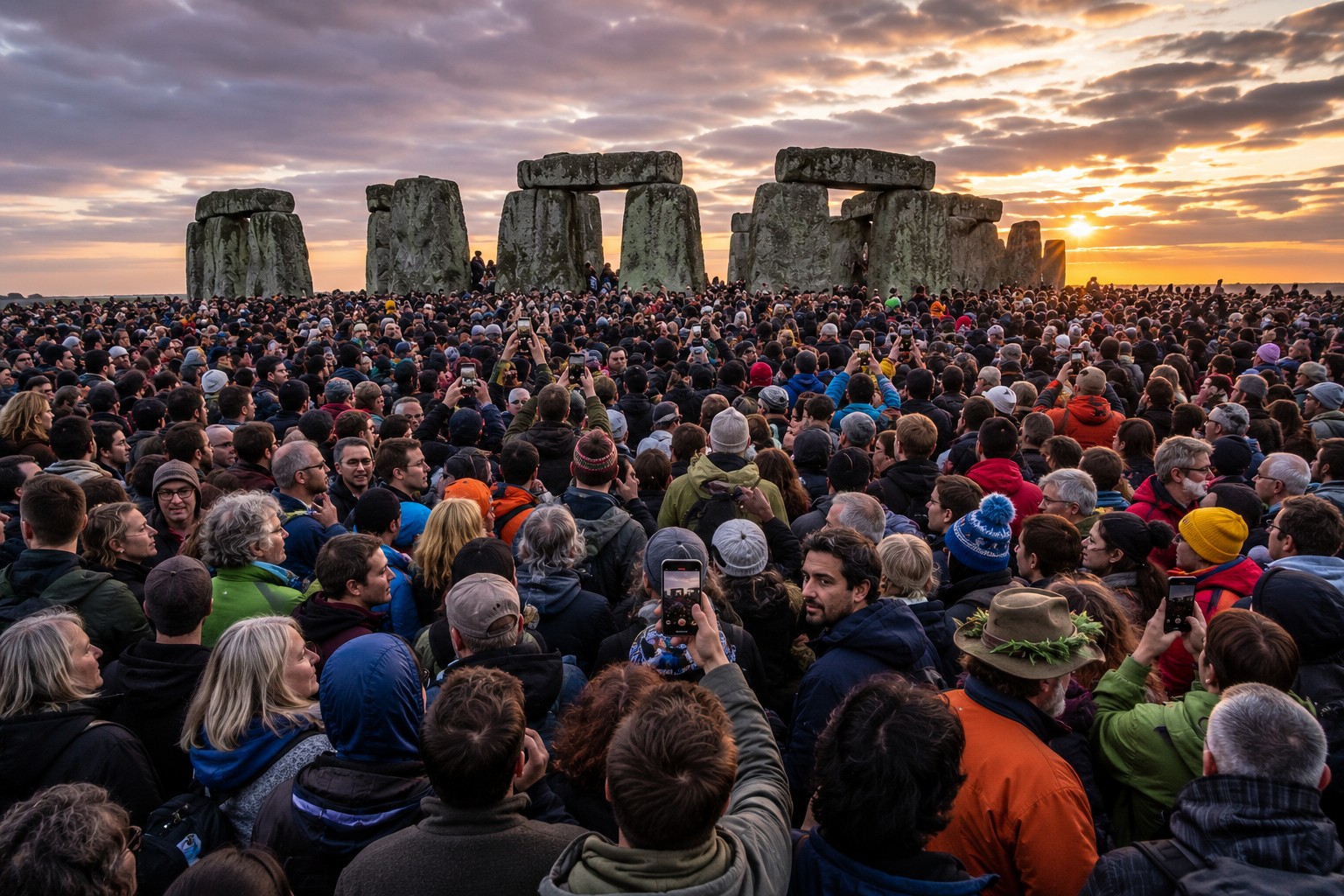 Large crowd gathered at Stonehenge during the Summer Solstice sunrise showing busy conditions