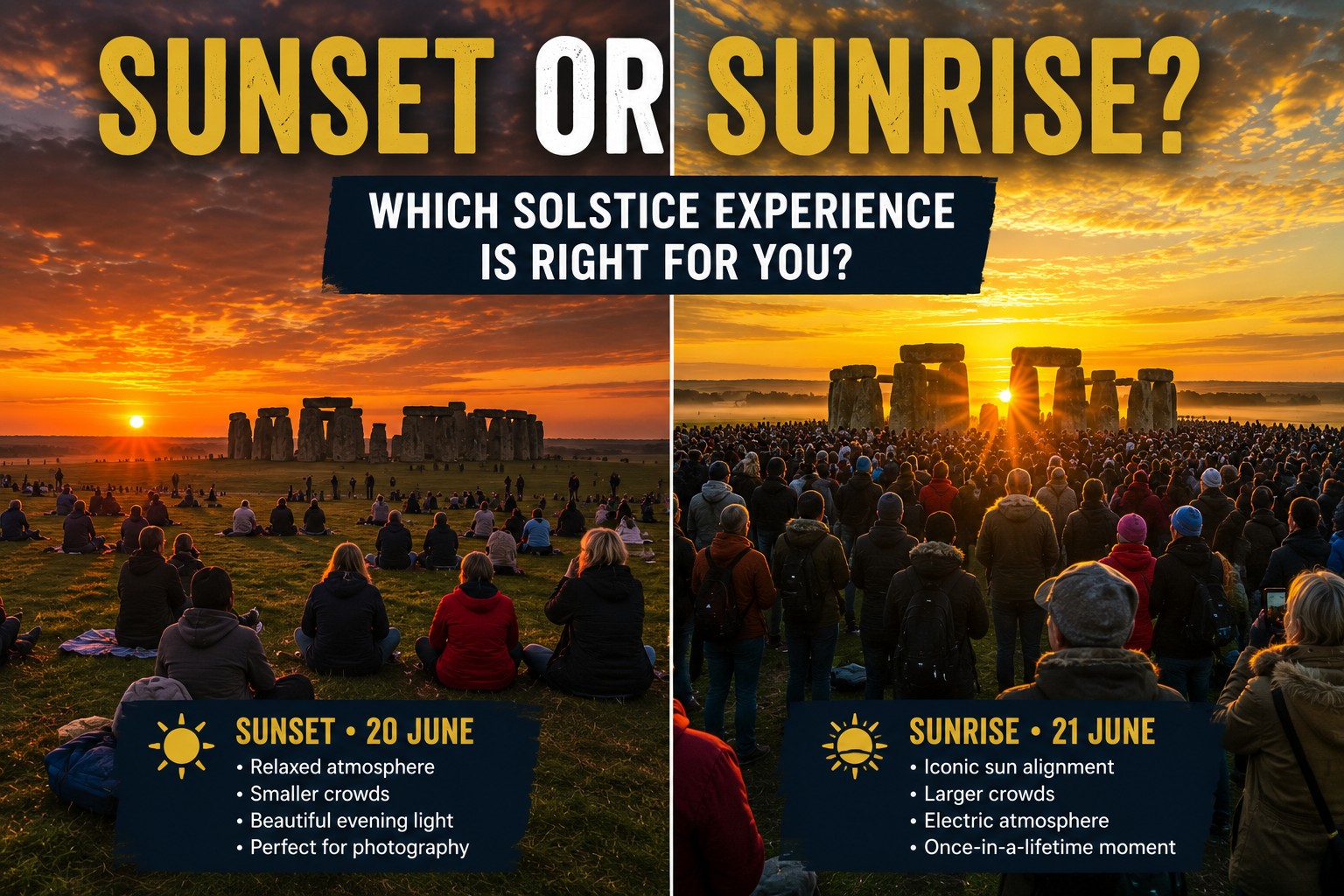 Comparison of Stonehenge Summer Solstice sunset on 20 June and sunrise on 21 June showing different crowd levels, lighting conditions and viewing experiences