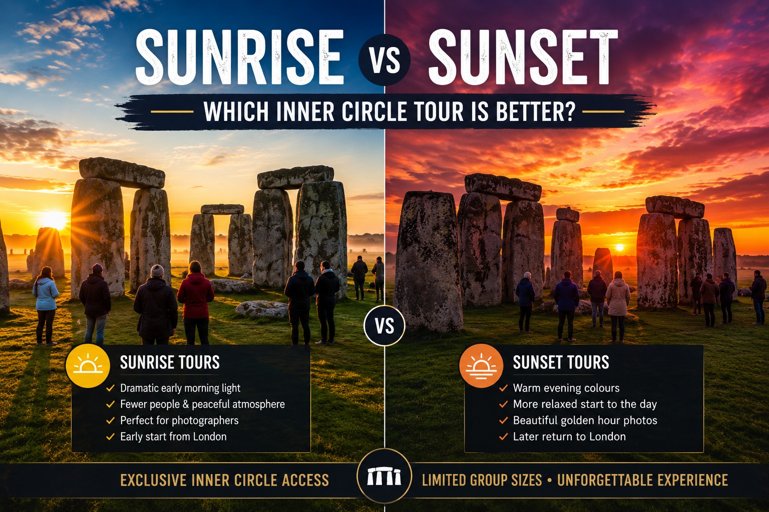 Stonehenge sunrise vs sunset comparison showing soft morning light and warm golden evening light over the stones