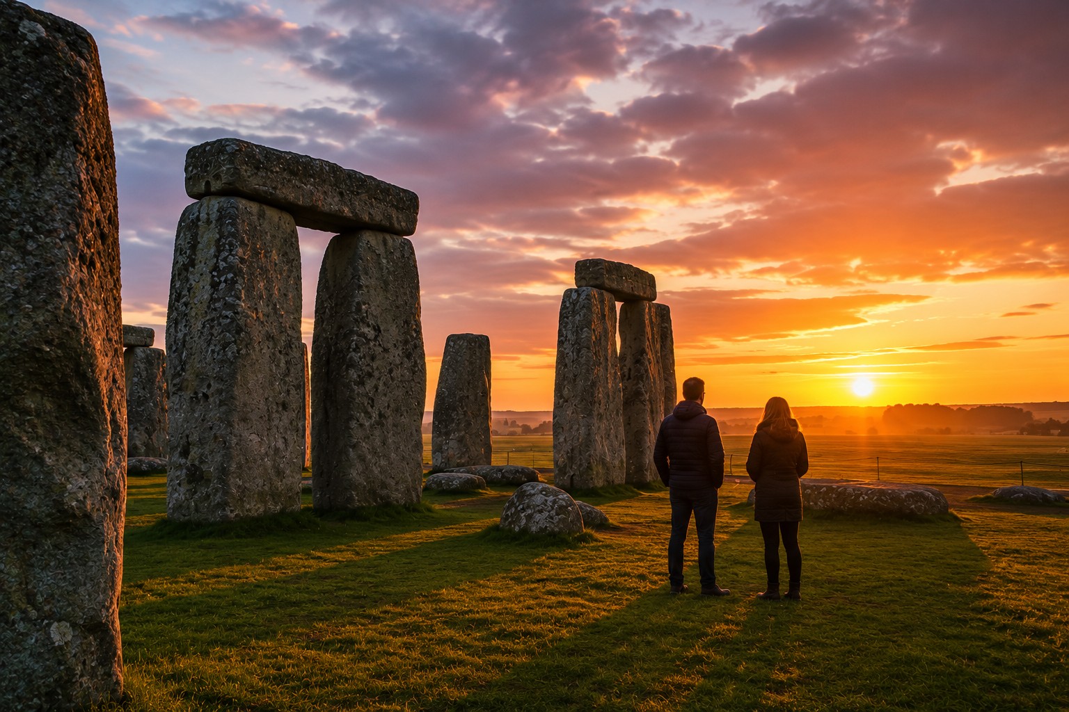 Couple viewing Stonehenge at sunset during a special Inner Circle access experience beside the ancient standing stones