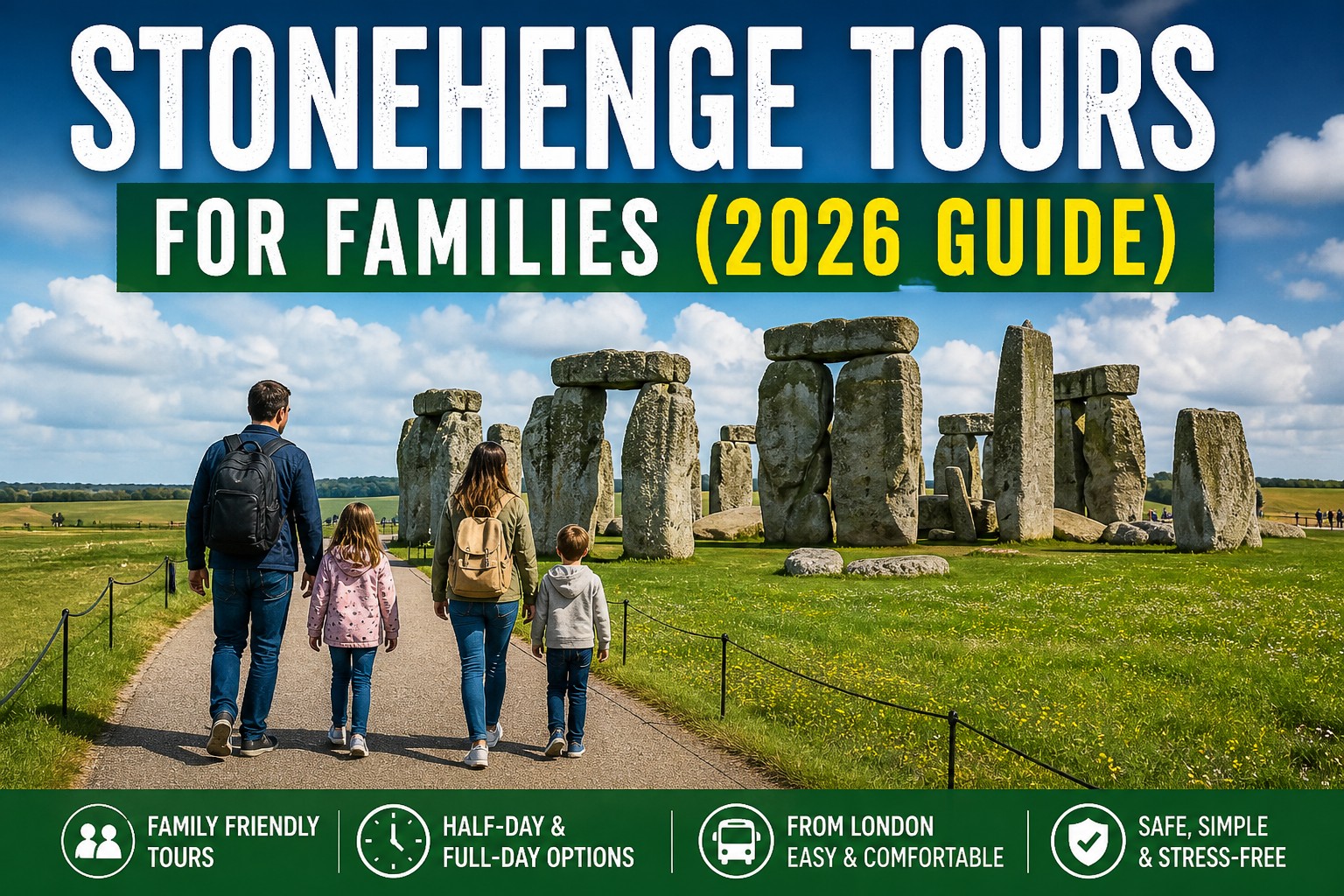 Family walking toward Stonehenge on a sunny day during a guided tour from London, showing a child-friendly visitor experience