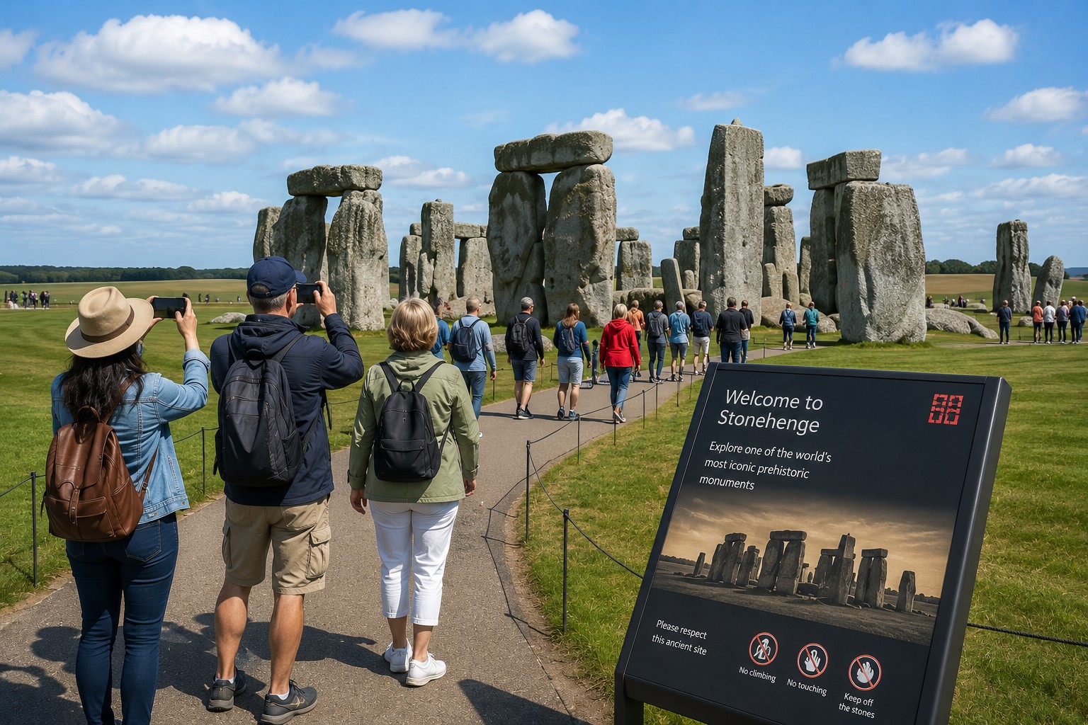 Visitors walking around Stonehenge stones during a guided tour with clear paths and open landscape