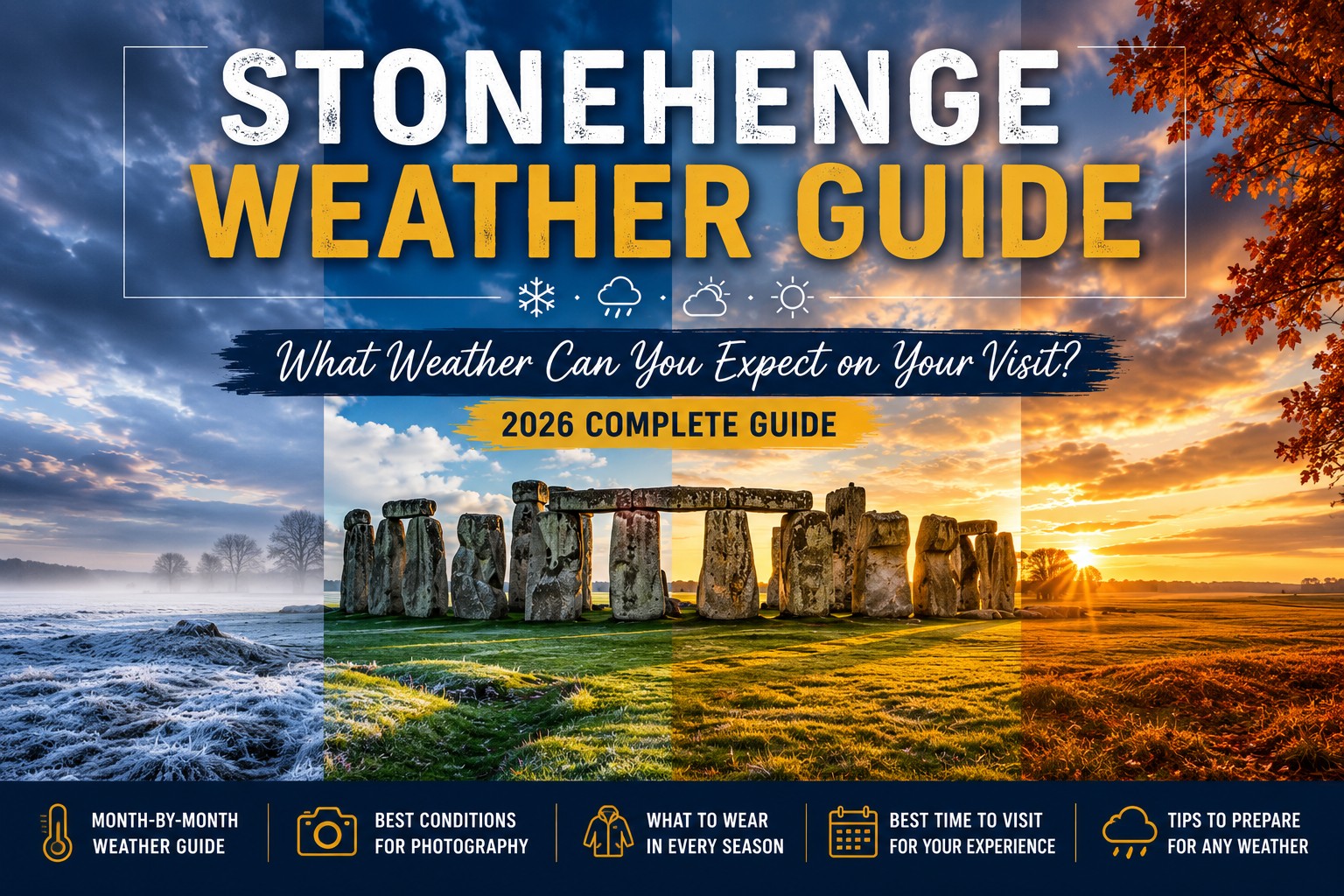 Stonehenge shown across multiple seasons, including winter frost, spring greenery, summer sunshine and autumn skies, illustrating how weather conditions change throughout the year on Salisbury Plain.