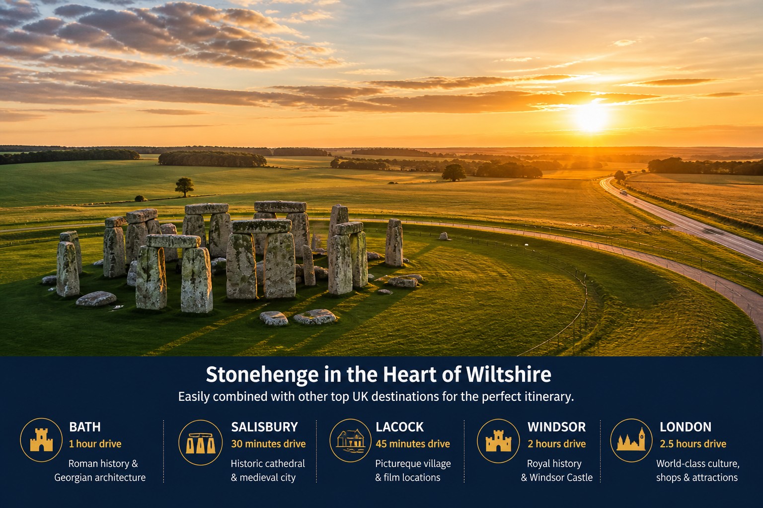 Stonehenge landscape in Wiltshire countryside as part of a wider southern England travel itinerary