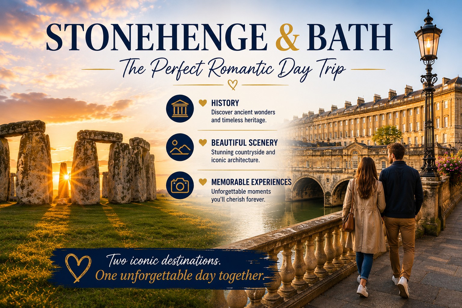 Couple enjoying a Stonehenge and Bath day trip, combining the ancient stone circle with the historic city of Bath.