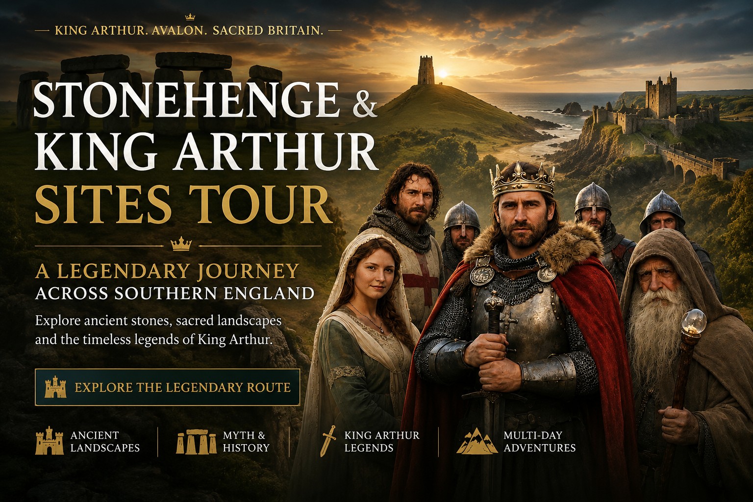 Stonehenge and King Arthur sites tour hero image with Glastonbury Tor, Tintagel Castle and medieval Arthurian characters at sunrise