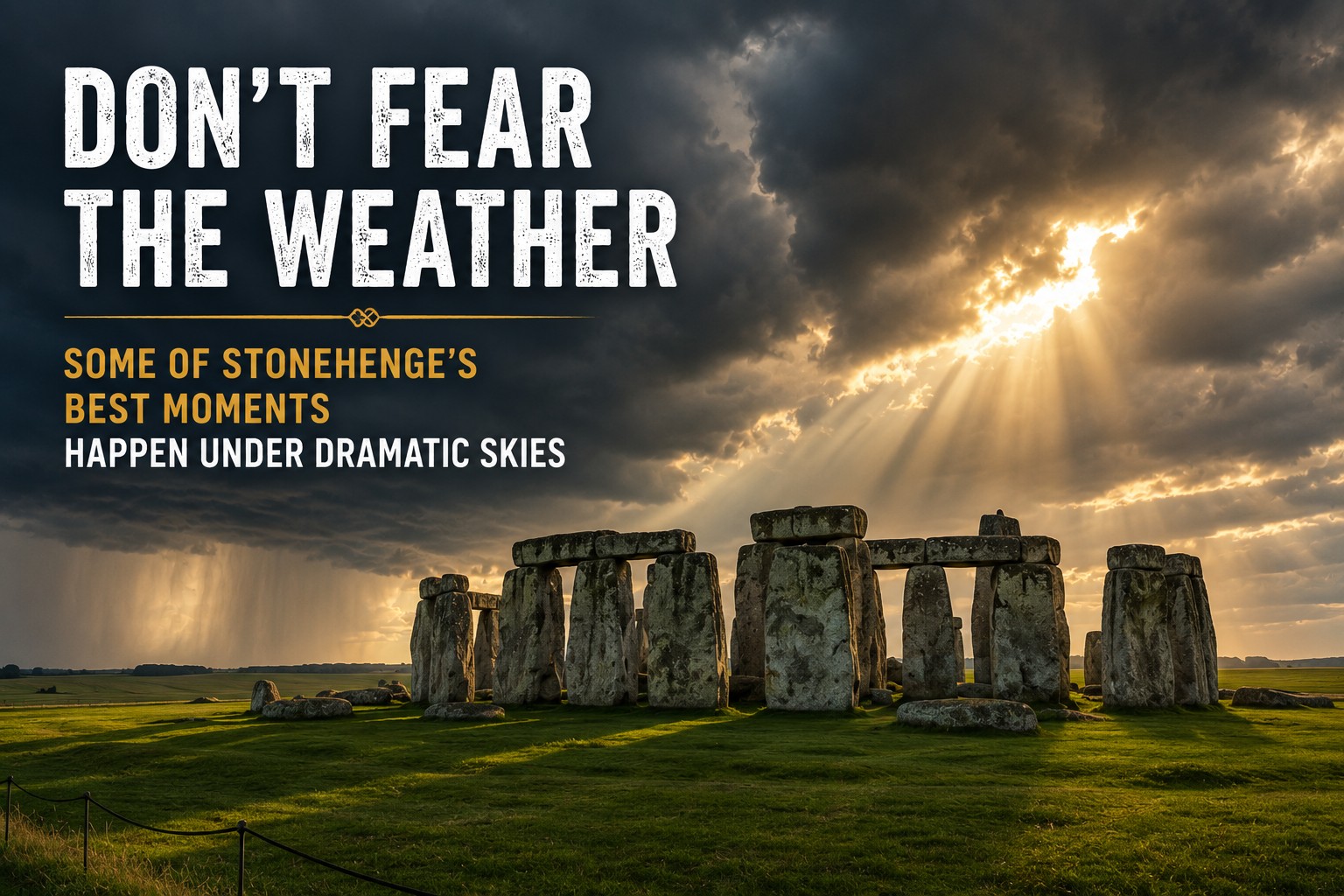 Stonehenge beneath dramatic storm clouds with sunlight breaking through the sky, creating an atmospheric and unforgettable view across Salisbury Plain.