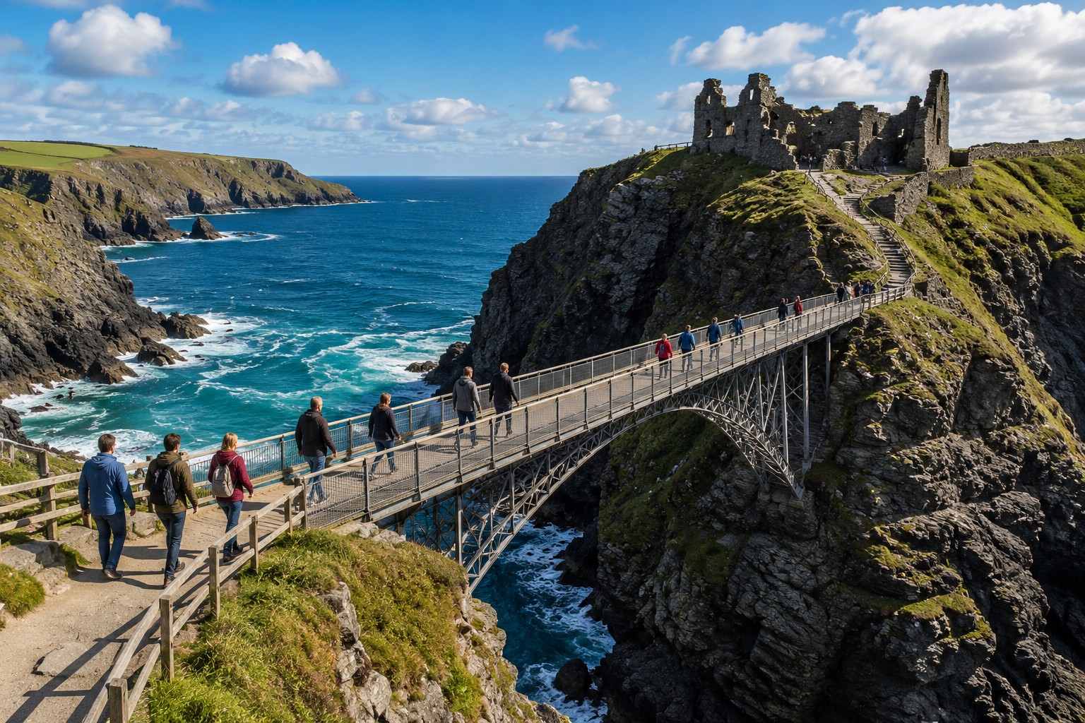 Tintagel Castle bridge with visitors walking across cliffs above the Atlantic Ocean in Cornwall