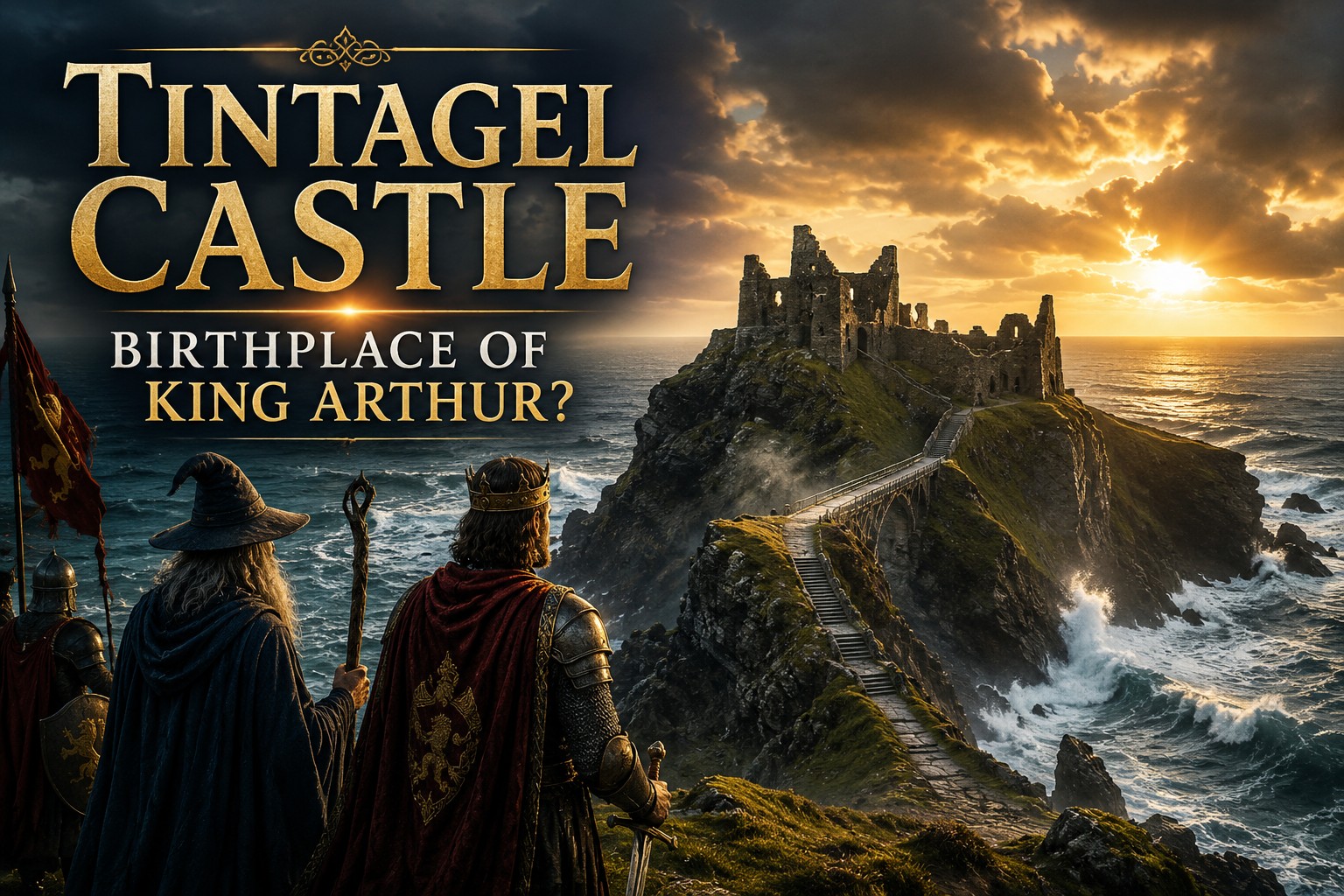 Tintagel Castle on Cornwall cliffs at sunset with King Arthur and Merlin overlooking the ruins and sea