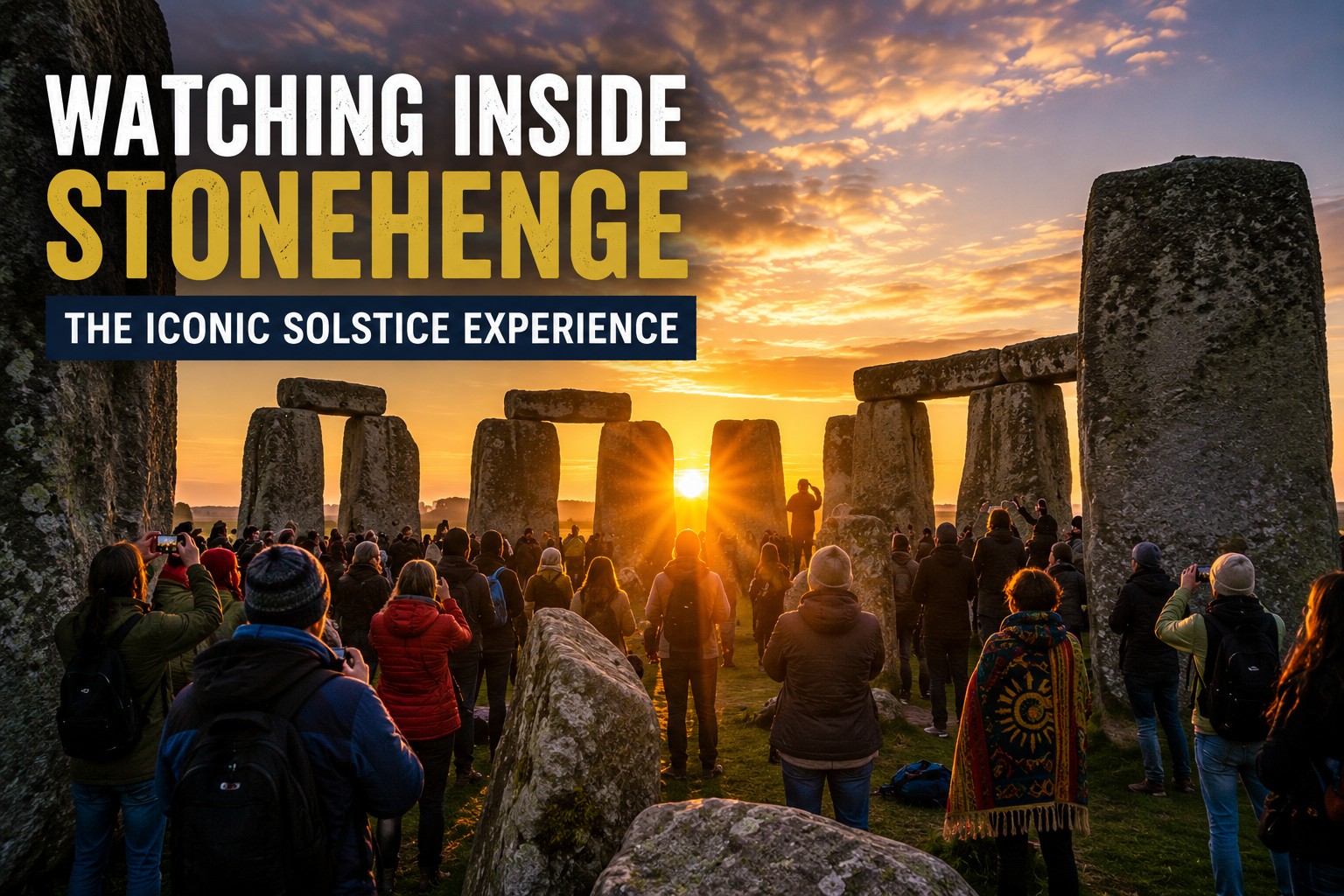 Visitors standing inside Stonehenge at sunrise during the Summer Solstice watching the sun rise between the ancient stones