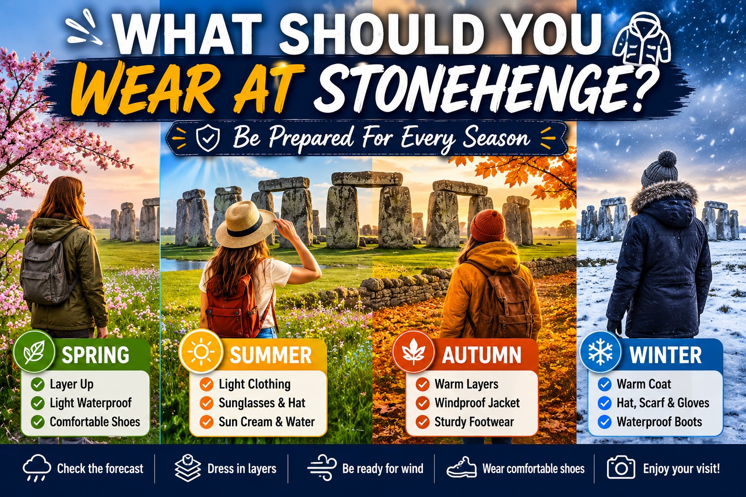 Visitors dressed for spring, summer, autumn and winter conditions at Stonehenge, showing recommended clothing and preparation tips for every season on Salisbury Plain.