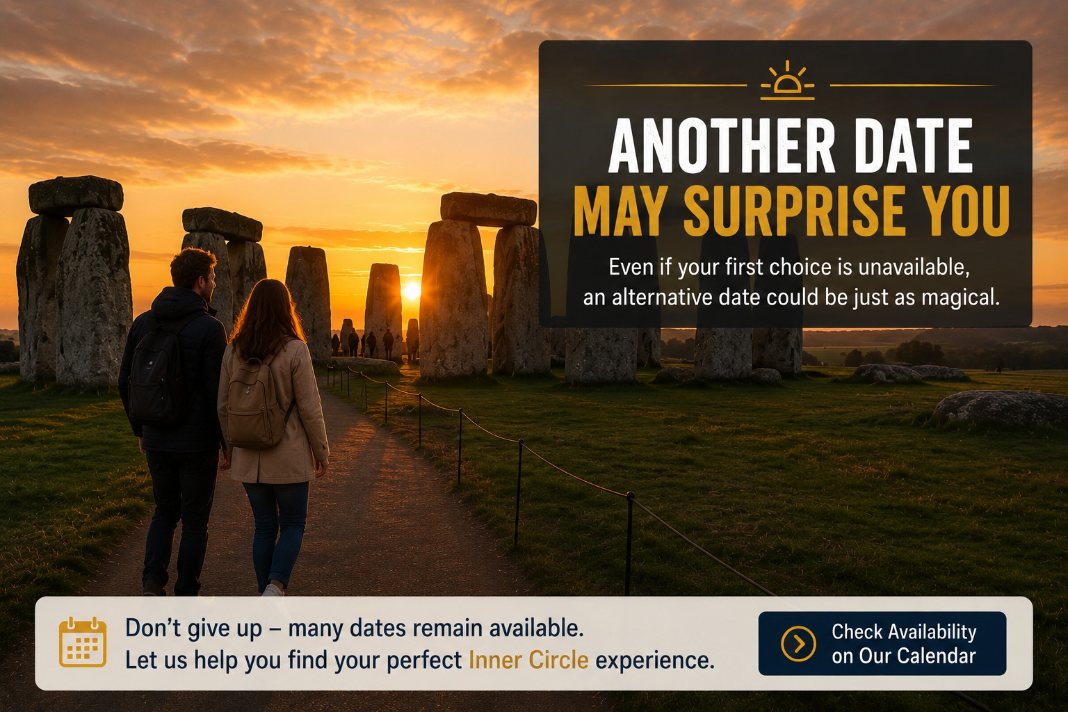 Couple walking towards Stonehenge at sunset during an exclusive Inner Circle experience, illustrating that alternative dates can still provide a memorable and magical visit.