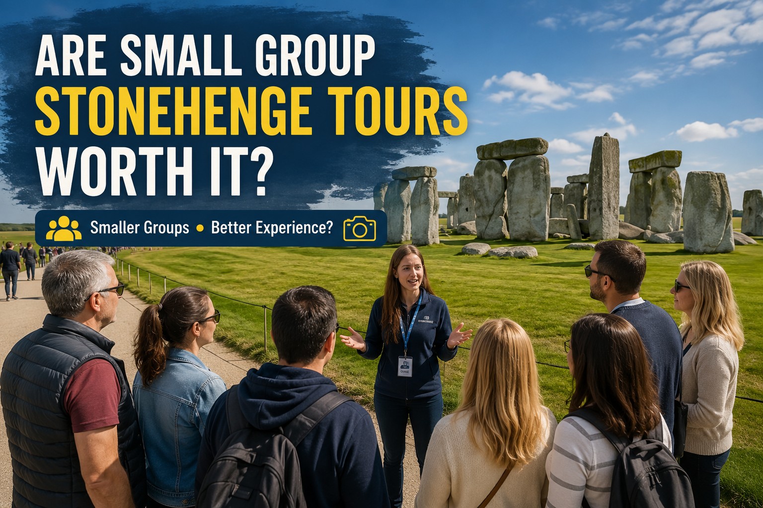 Small group Stonehenge tour with expert guide explaining the monument to visitors near the stone circle during a sunny day in 2026