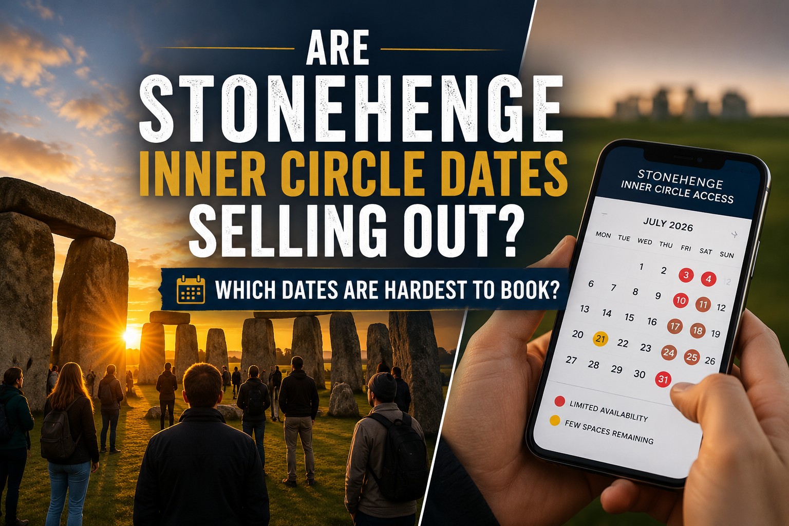 Stonehenge Inner Circle visitors watching the sunrise beside a smartphone displaying the 2026 Stonehenge Inner Circle access calendar and limited availability dates.