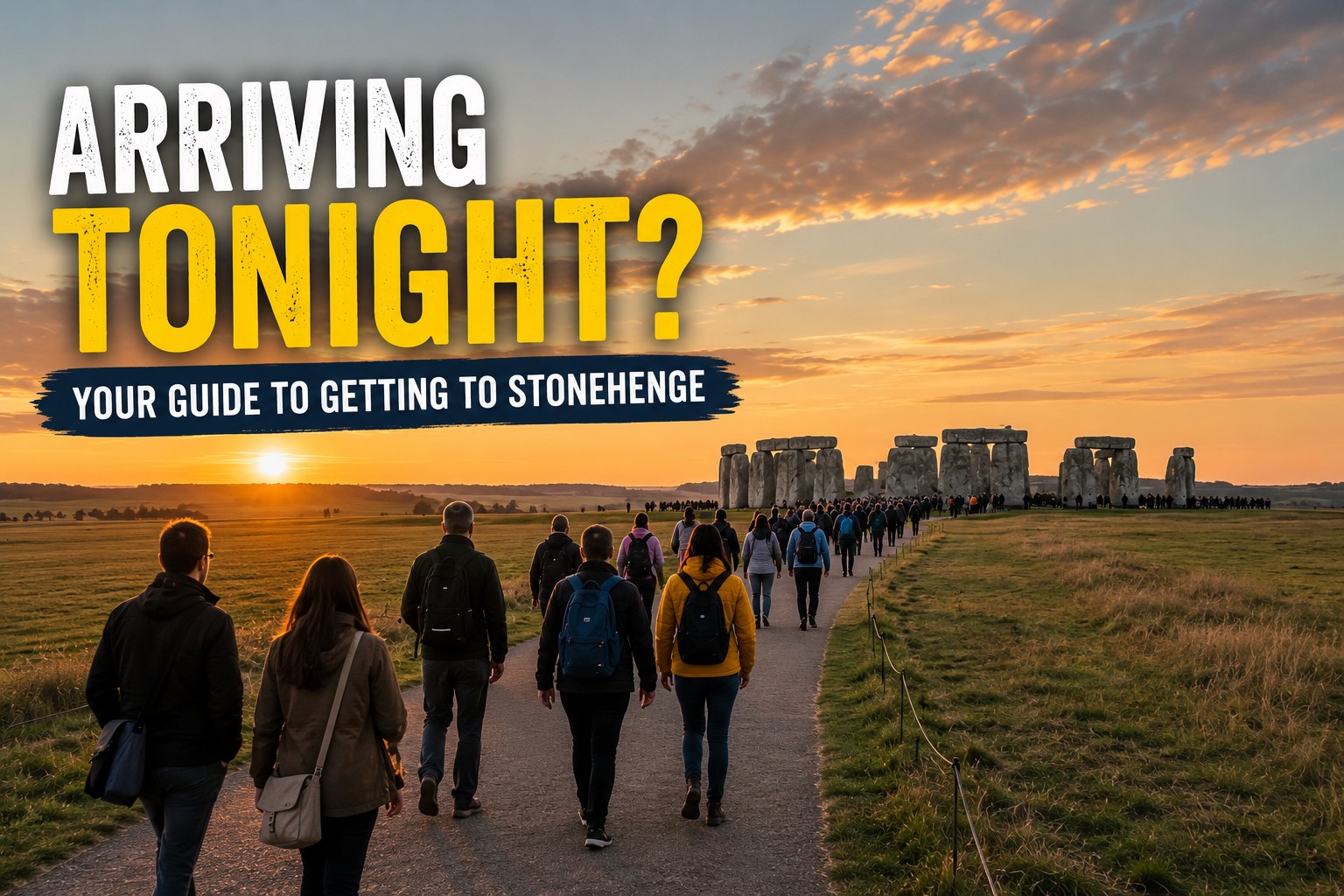Visitors walking towards Stonehenge at sunset ahead of the Summer Solstice celebration, following the pathway across Salisbury Plain.