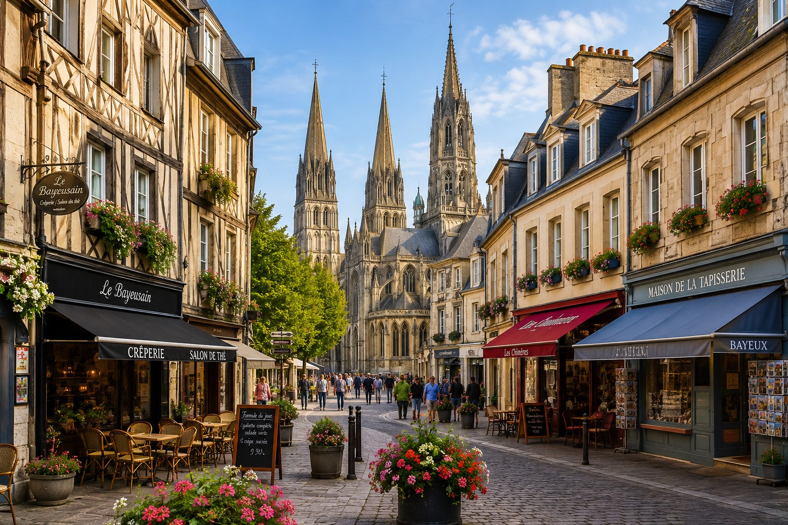 Historic streets of Bayeux in Normandy with traditional French buildings, cafรฉs and Bayeux Cathedral in the background