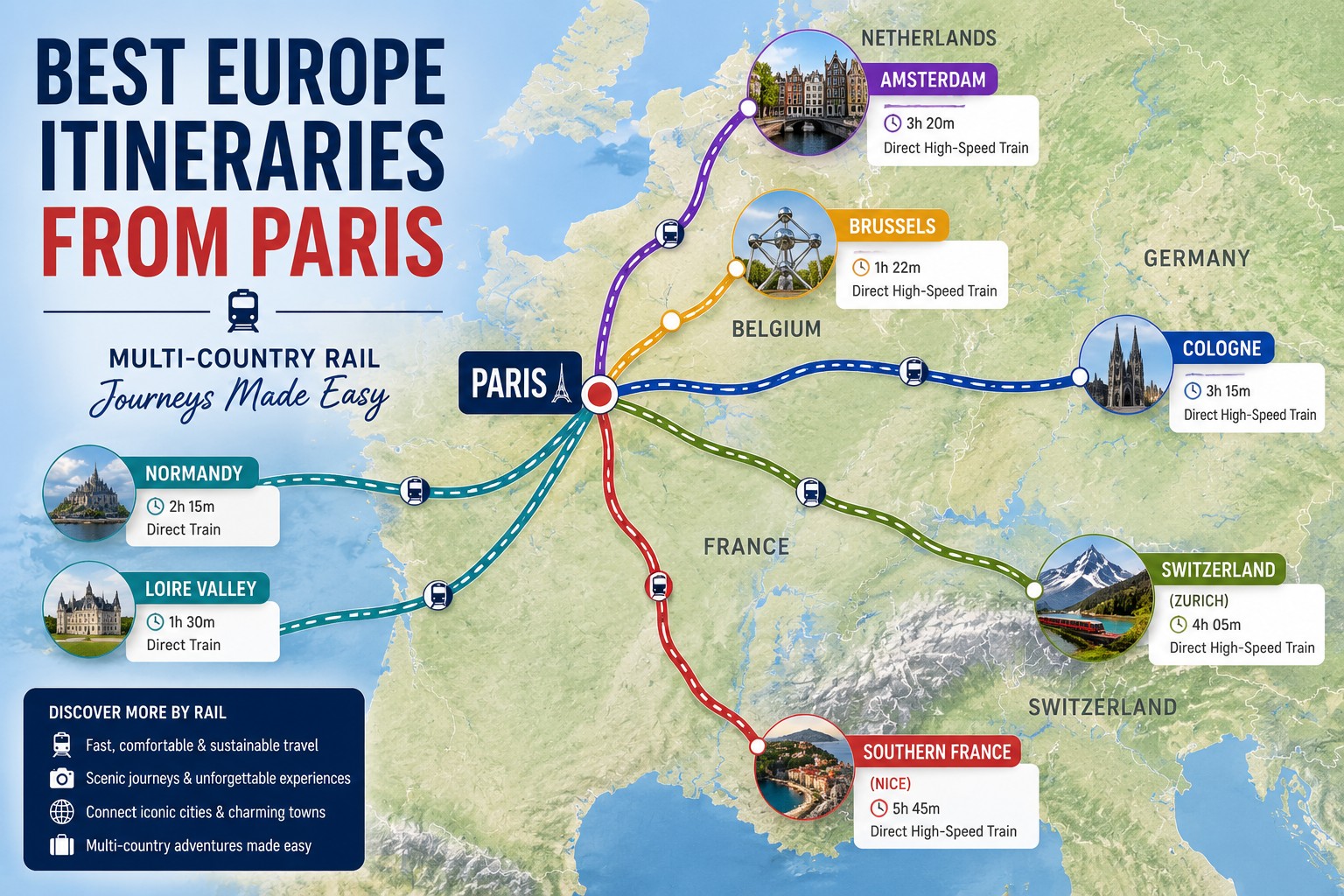 Europe rail route map from Paris showing train journeys to Amsterdam, Brussels, Switzerland, Normandy, the Loire Valley and Southern France