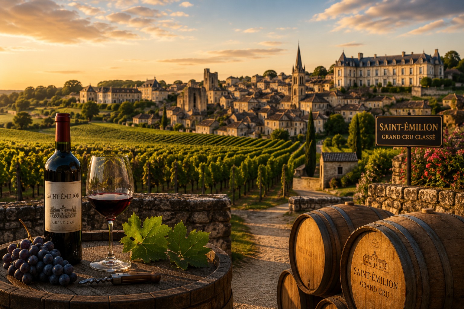 Saint-Émilion vineyards in Bordeaux wine region with château estate, vineyard rows and French wine tourism scenery