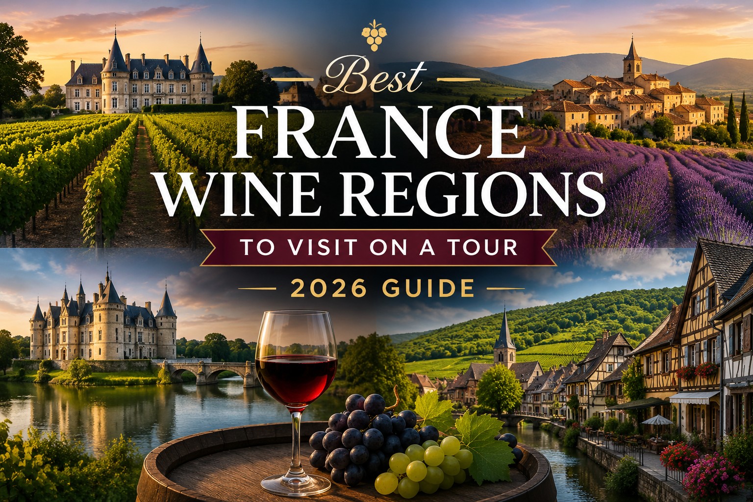 Saint-Émilion vineyards in Bordeaux wine region with château estate, vineyard rows and French wine tourism scenery