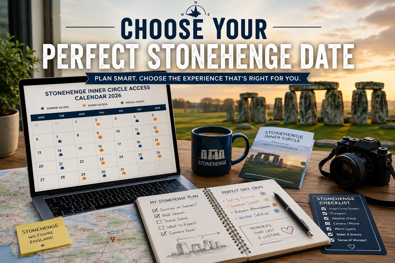 Travel planning workspace showing a Stonehenge Inner Circle calendar, notebook and map helping visitors choose the perfect Stonehenge date and plan their Inner Circle experience in 2026.