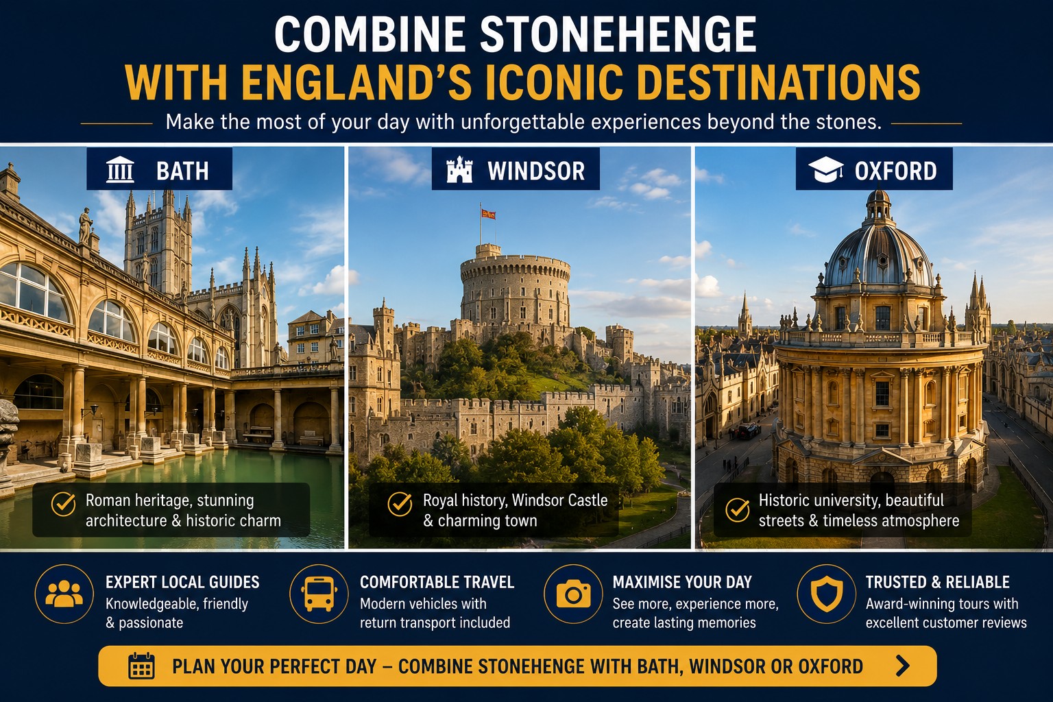 Travel graphic showing Stonehenge combination tours with Bath, Windsor and Oxford, highlighting some of England's most iconic destinations and popular day trip experiences.