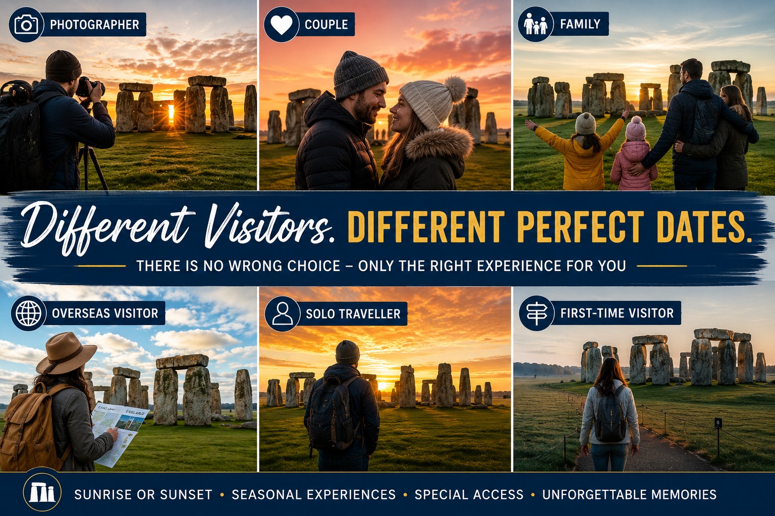 Collage showing different types of Stonehenge visitors including photographers, couples, families, solo travellers and first-time visitors choosing their perfect Stonehenge Inner Circle experience.