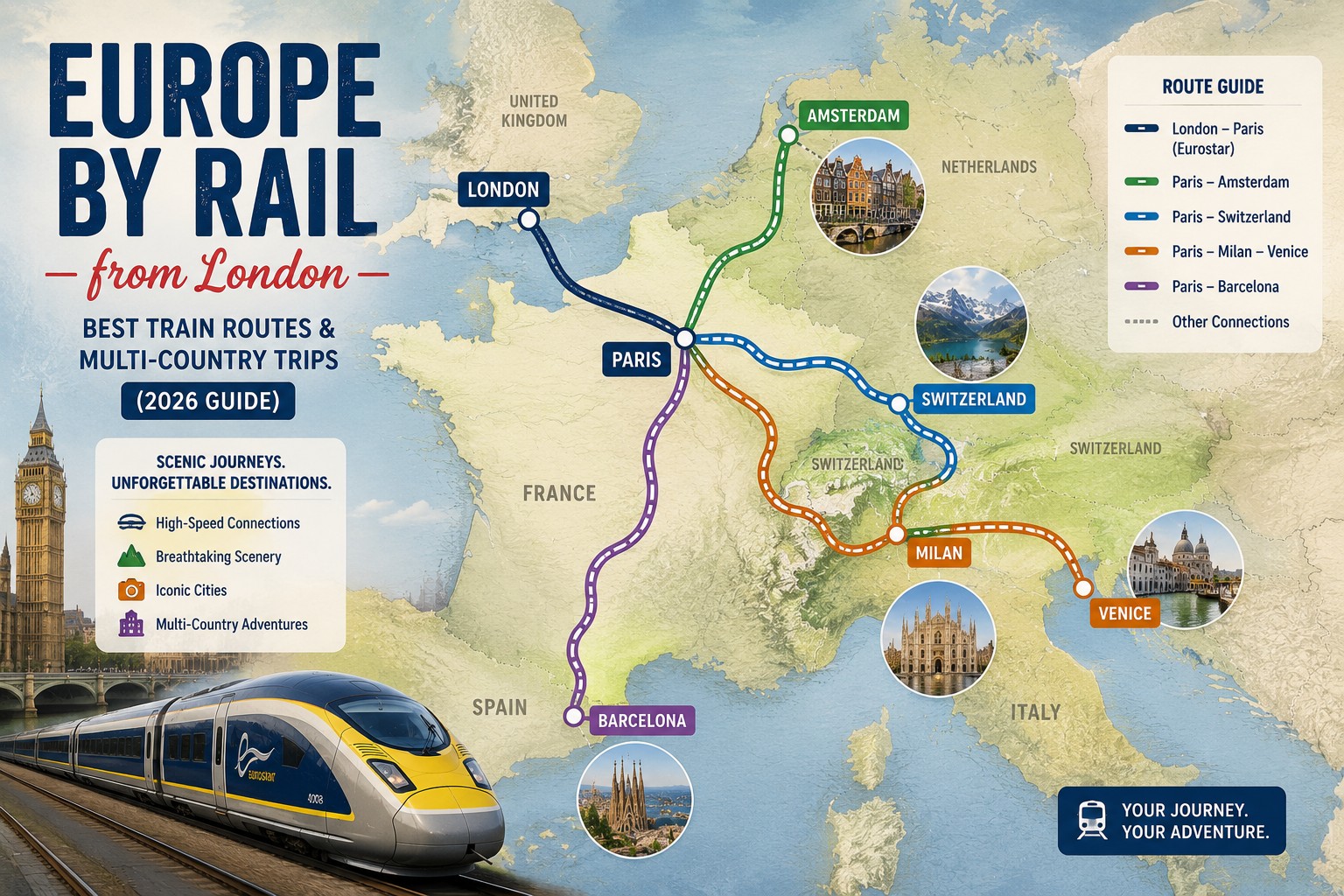 Europe travel planning map showing rail routes from London to major European destinations including Paris, Amsterdam, Switzerland, Italy and Spain