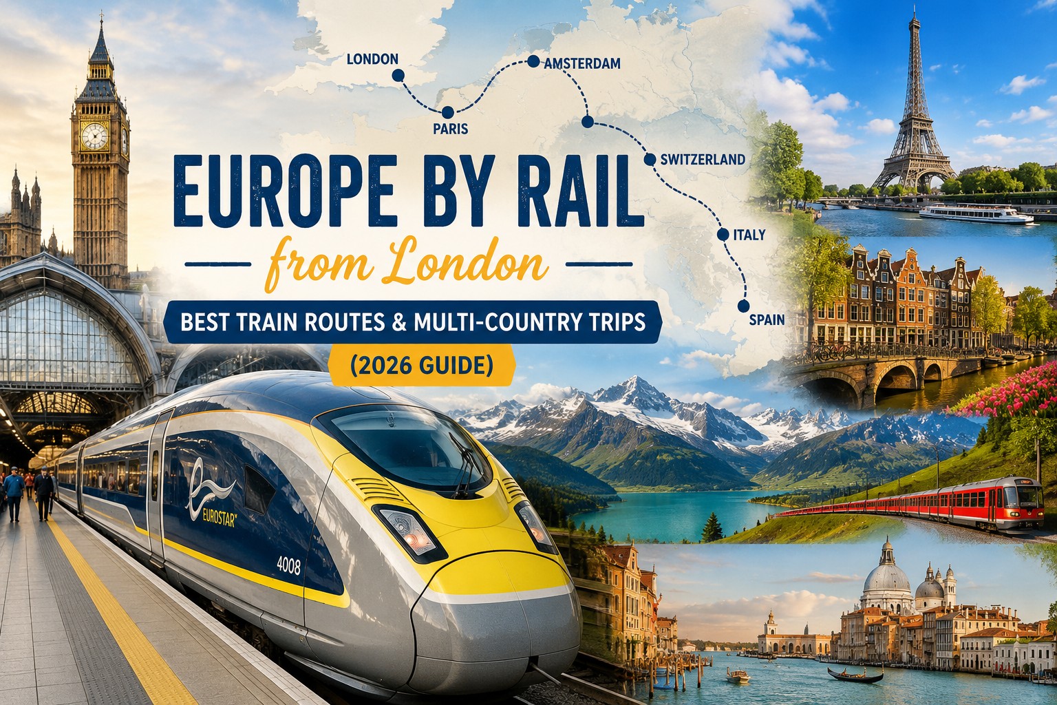 Europe by Rail from London featuring a high-speed train connecting London with Paris, Amsterdam, Switzerland and other European destinations in 2026