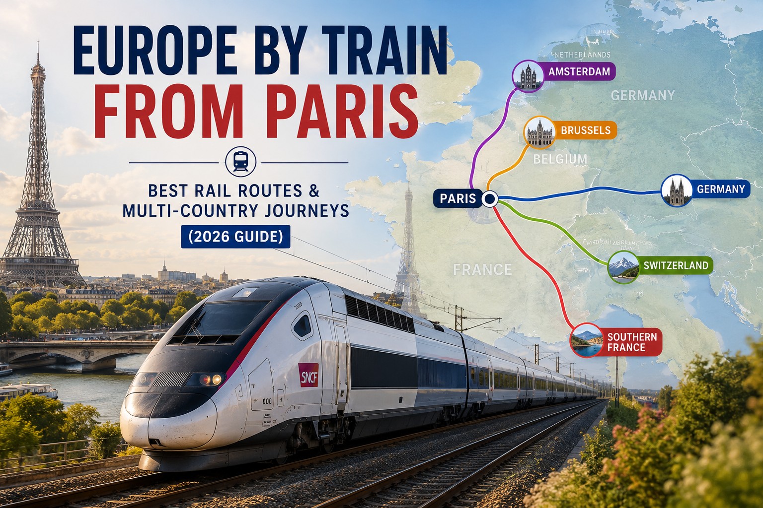 Europe by Train from Paris showing high-speed rail routes to Amsterdam, Brussels, Switzerland, Germany and Southern France