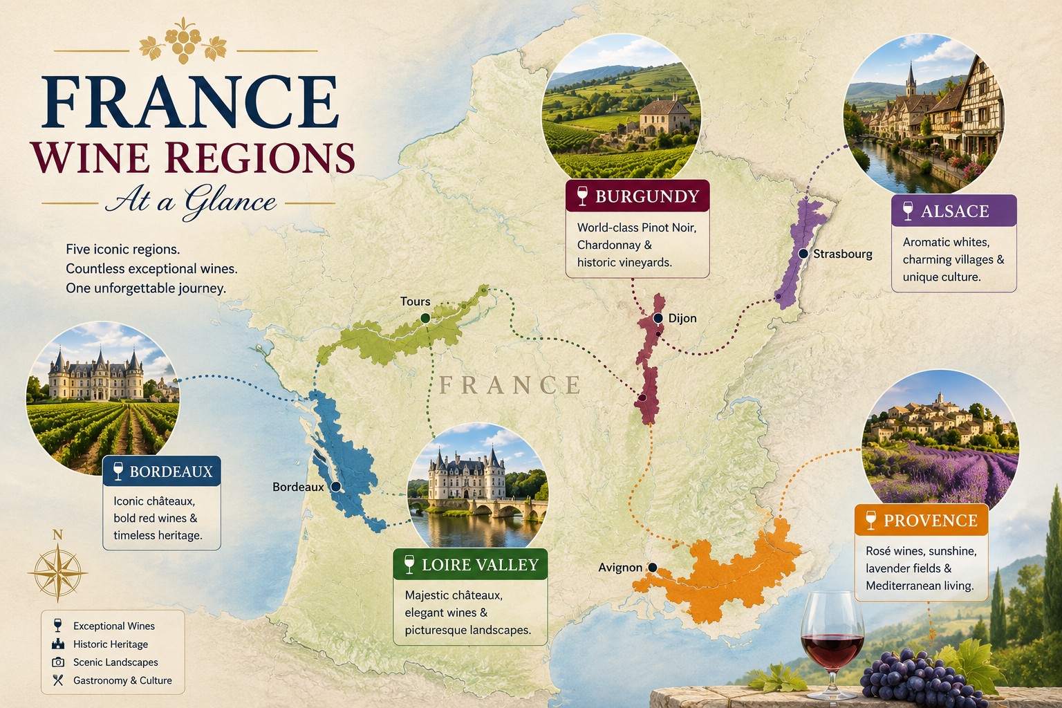 Map of France wine regions showing Bordeaux, Burgundy, Loire Valley, Provence and Alsace with key wine tourism destinations