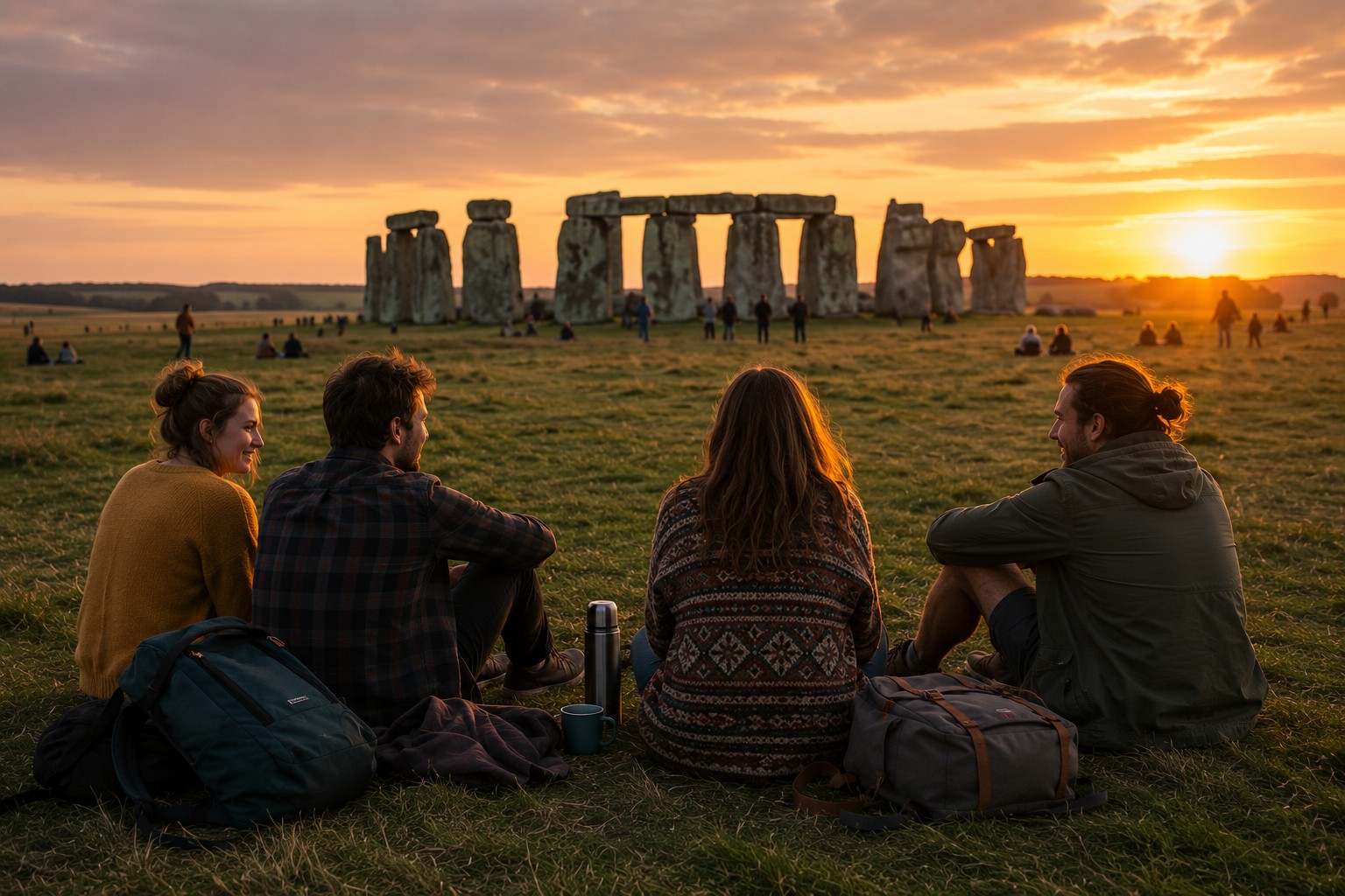 Independent travellers relaxing near Stonehenge at sunset during the Summer Solstice period, enjoying the flexibility and freedom of attending without an organised tour.