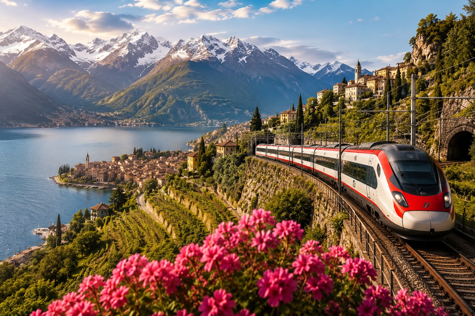 Scenic rail journey through northern Italy with a high-speed train overlooking Alpine mountains, lakes and historic Italian towns