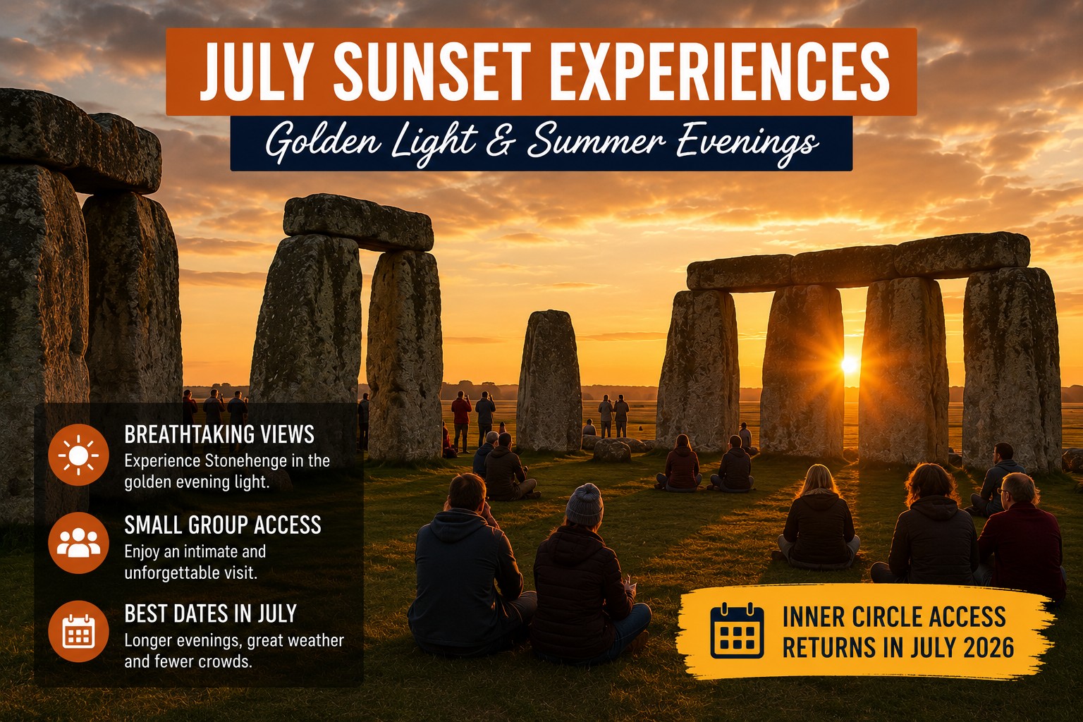 Stonehenge at sunset with visitors inside the stone circle during a July Inner Circle experience, showing golden evening light and text promoting Inner Circle Access returning in July 2026.