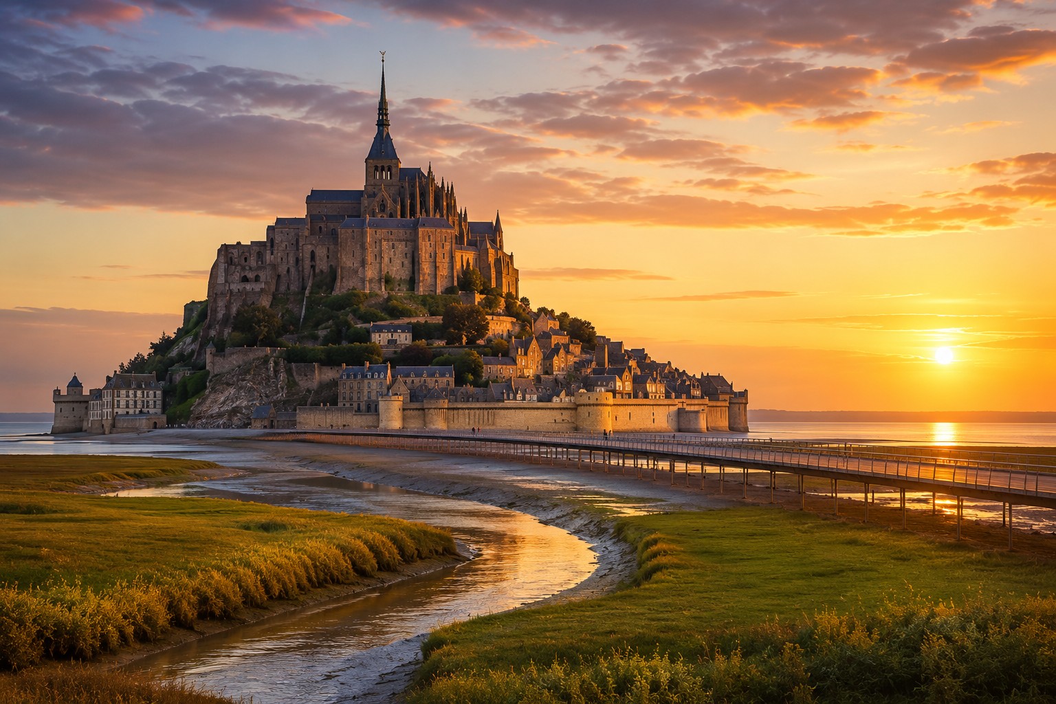 Mont-Saint-Michel at sunset in Normandy with medieval abbey, causeway and surrounding tidal landscape