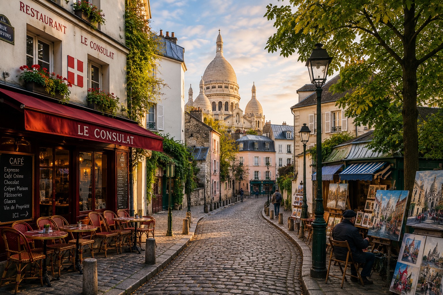 Montmartre Paris with Sacrรฉ-Cลur Basilica, cobbled streets, artists and traditional cafรฉs showcasing authentic Paris beyond the major tourist attractions